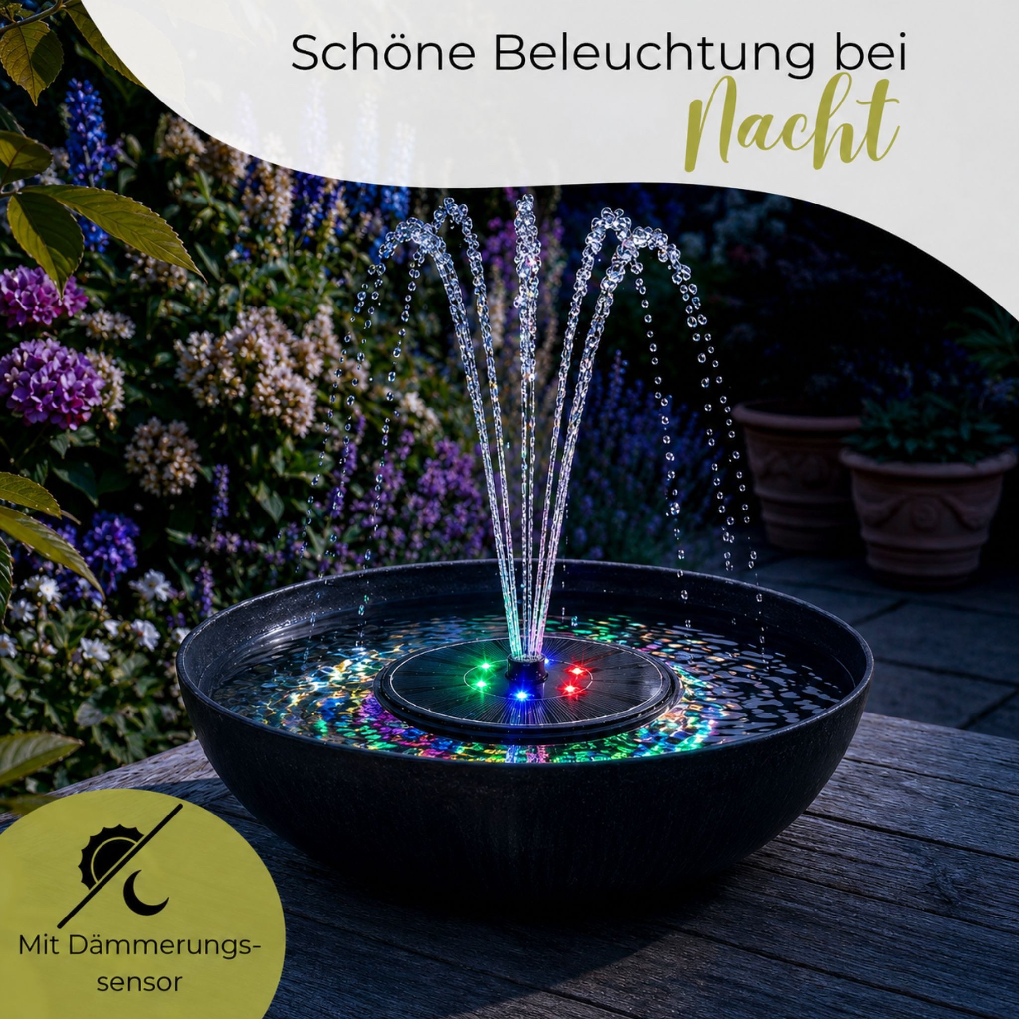 matches21 HOME & HOBBY Wasserspiel Solar LED Brunnen Set inkl. Akku - 45 cm Schale in sand, (2 tlg), Solar Springbrunnen und Brunnenschale als Gartendeko