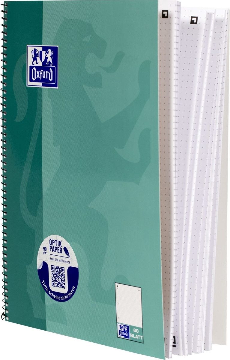 OXFORD Notenblock Collegeblock Schule A4+ 80 Blatt 90g/qm dot-Lineatur grünblau