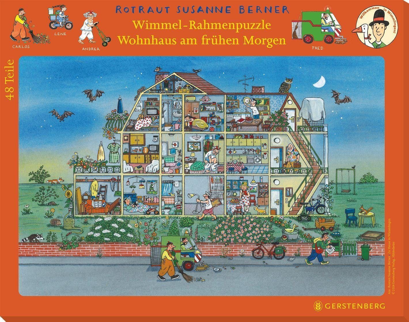 Gerstenberg Verlag Puzzle Wimmel-Rahmenpuzzle Zu Hause in Wimmlingen Motiv Morgendämmerung, Puzzleteile