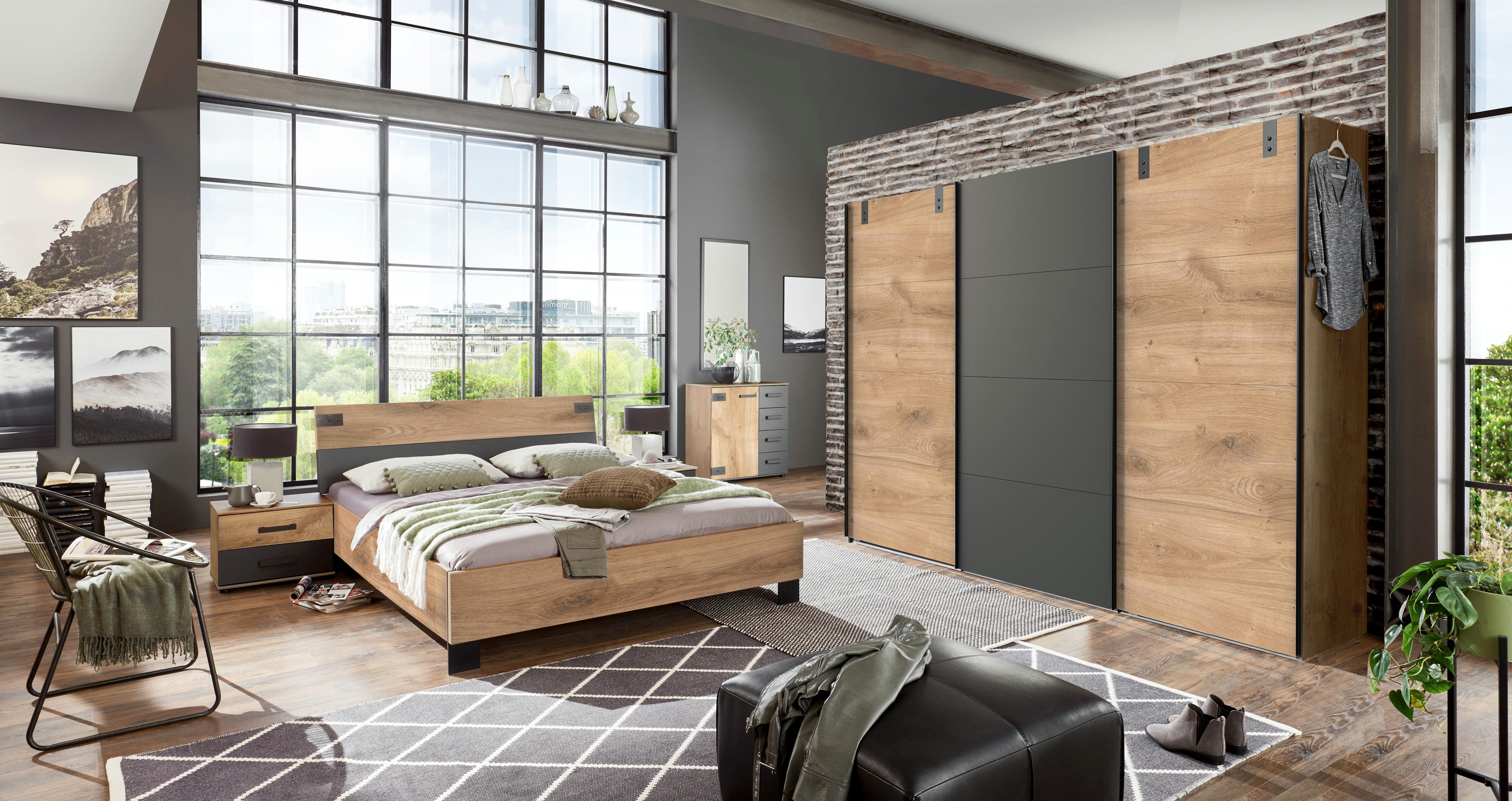 möbel-direkt.de Komplettschlafzimmer Malmö in Plankeneiche und Grafit, (Komplett-Set, 5-tlg., Verschiedene Schrankbreiten wählbar), Made in Germany