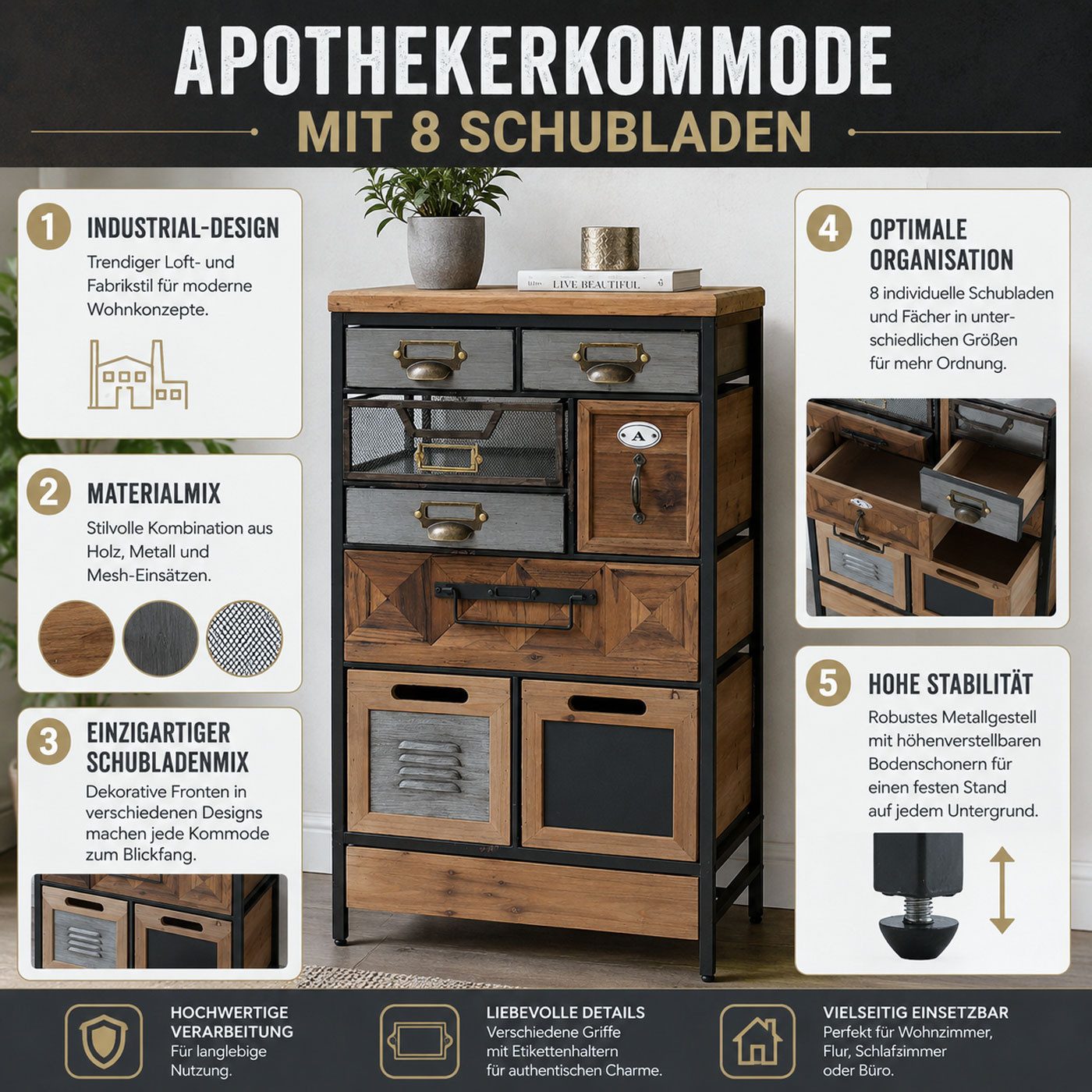 MCW Kommode MCW-Q77-8 (1 St), Modernes Industrial-Design