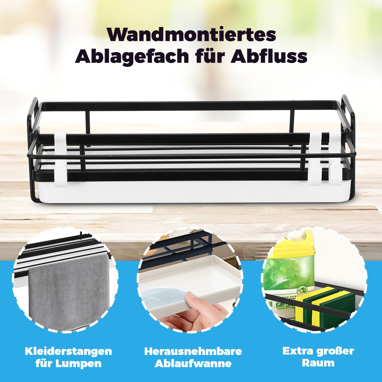 BlingBin Küchenorganizer-Set Hängend Spülbecken Organizer, Schwammhalter mit Spültuchhalter, (1er Set, 1-tlg., Größe: 25,7*9,5*7 cm/10,11*3,74*2,75 Zoll), Spüle Organizer mit Abflusspfanne für Abwasch, Spülmittel, Ohne Bohren