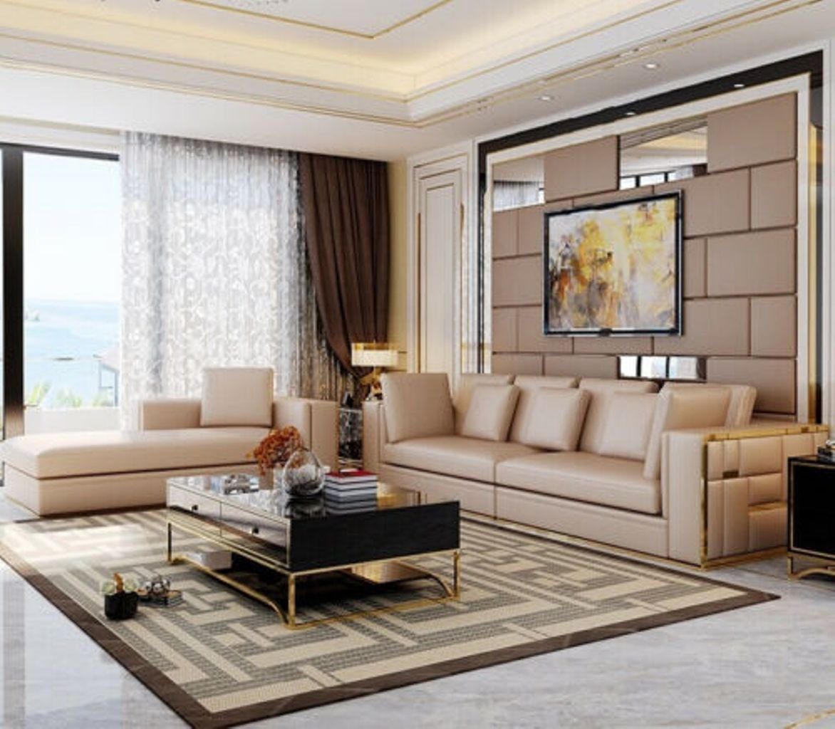 JVmoebel Wohnzimmer-Set, Metall Elemente Polster 4+2+1 Sitz Couch Designer Garnitur Sofa Leder Gold