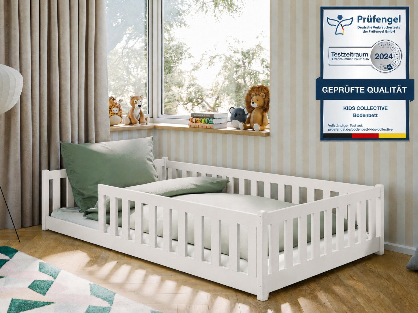 Kids Collective Kinderbett Bodenbett Bett mit Rausfallschutz & Lattenrost Montessori Bett Kinder (Jungen, Mädchen, Kinder, weitere Größen 80x160, 80x180, 90x190, 90x200, 140x200 cm), mit Matratze Jugendbett Einzelbett Baumwolle 120x200 cm