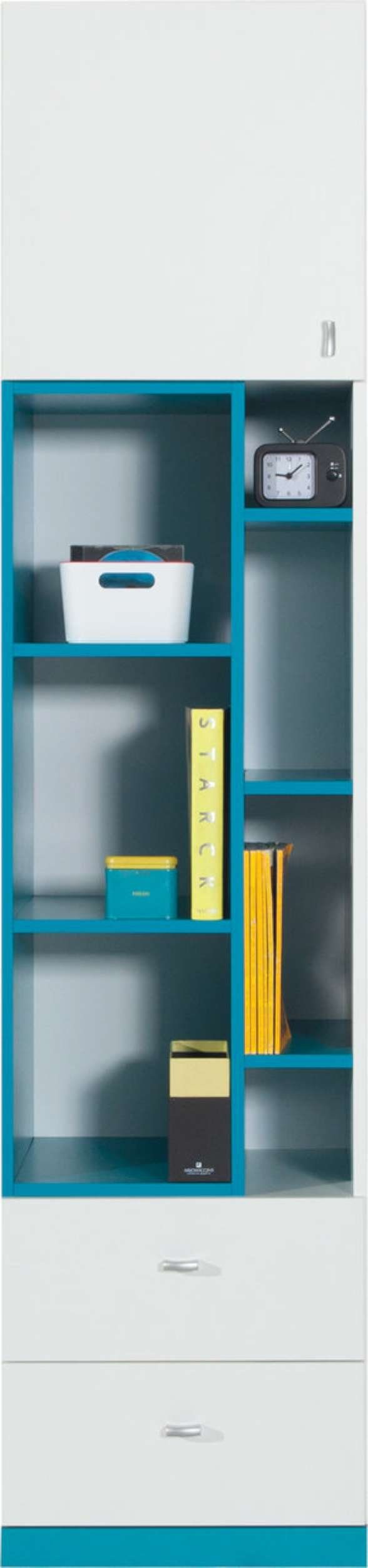 Stylefy Kinderregal Bond Weiß Modern Türkis, Hochglanz FSC-Zertifizierung, Schubladen, und Bücherregal, 7 Spanplatte, 1-türig, Design Fächern mit Standregal