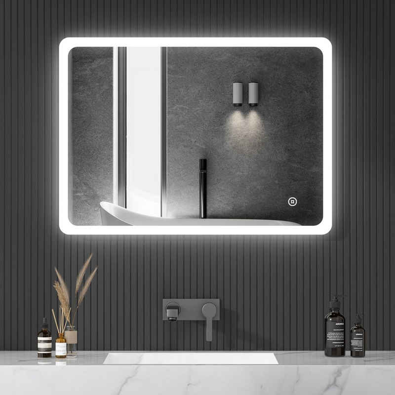 WDWRITTI Wandspiegel mit beleuchtung LED Spiegel Kalt/Neutral/Warmweiß Helligkeit Dimmbar (Badspiegel mit Speicherfunktion, 80x60/60x80cm, Touch/Wandschalter), Energiesparend, IP44