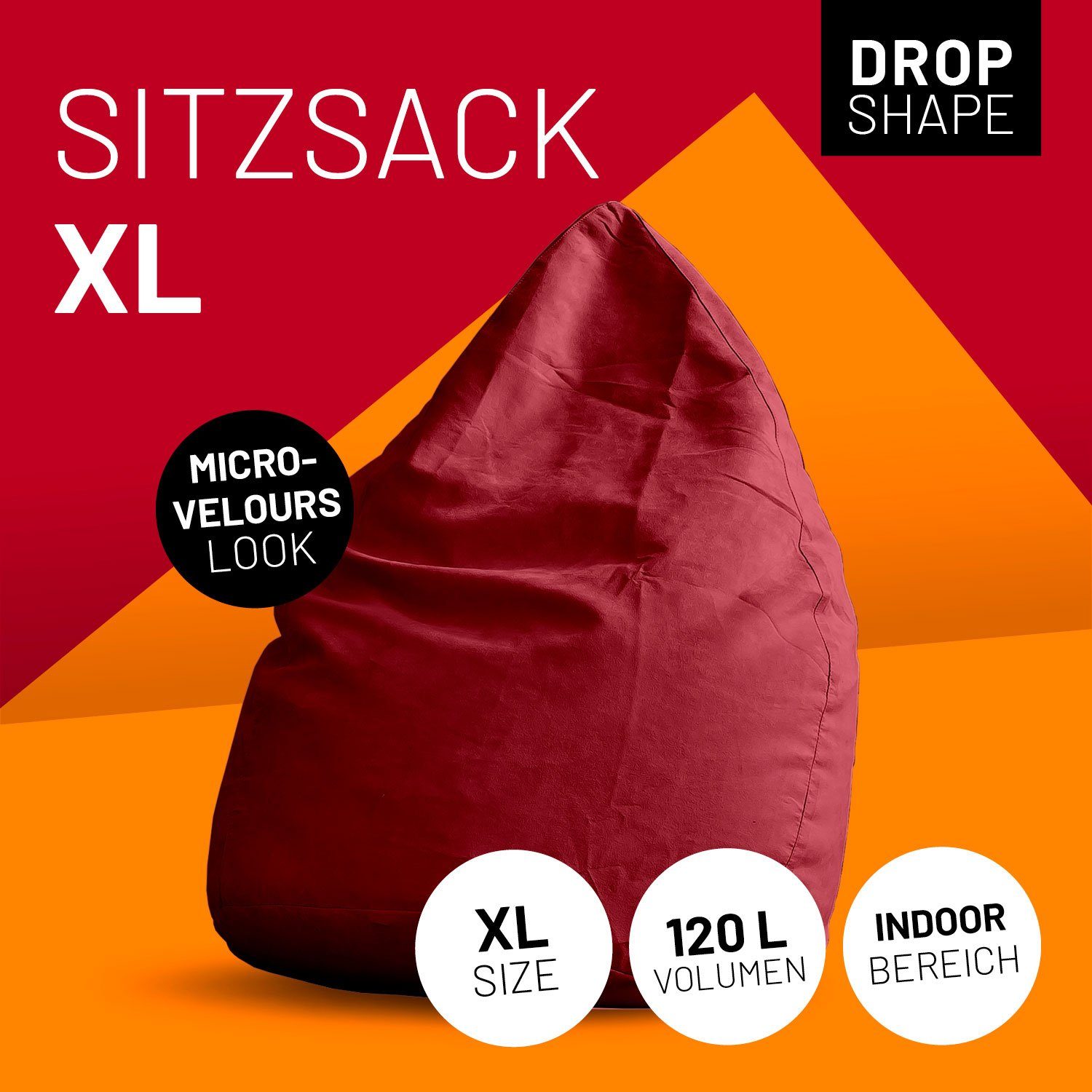 Lumaland Sitzsack Luxury weich robust 60x45cm, Sitzkissen rot 120L Bag waschbar Microvelours Bean XL Bodenkissen