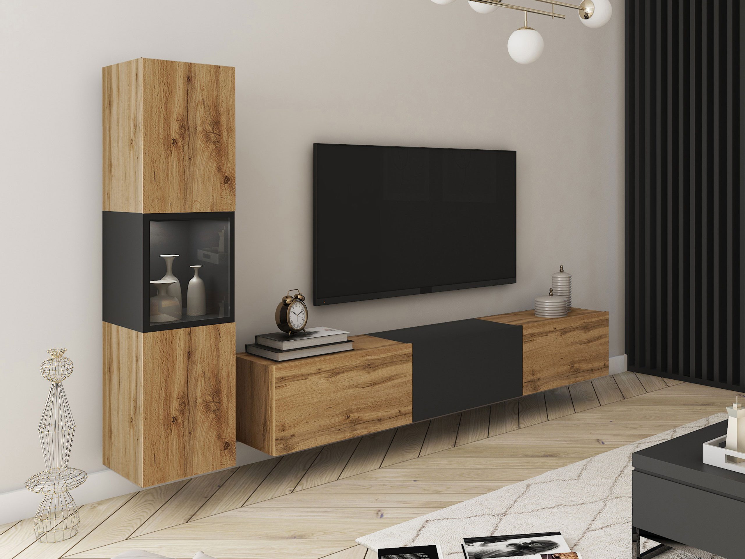MIRJAN24 Wohnwand Berlin I, (2er-Set, Vitrine, TV-Lowboard), Beleuchtung als Option