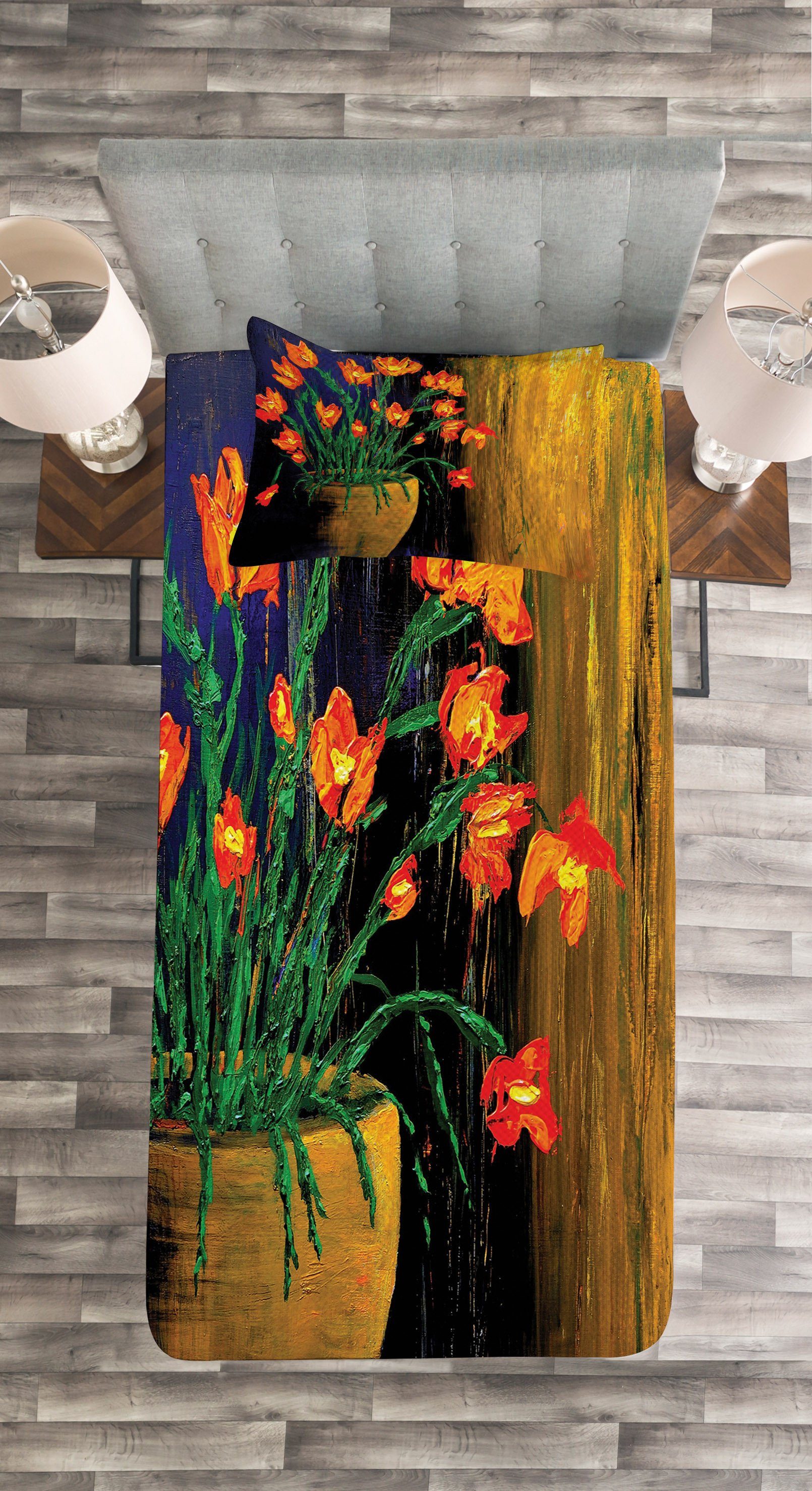 Tagesdecke Set mit Kissenbezügen Waschbar, Botanischer Illustration Abakuhaus, Blume Vase