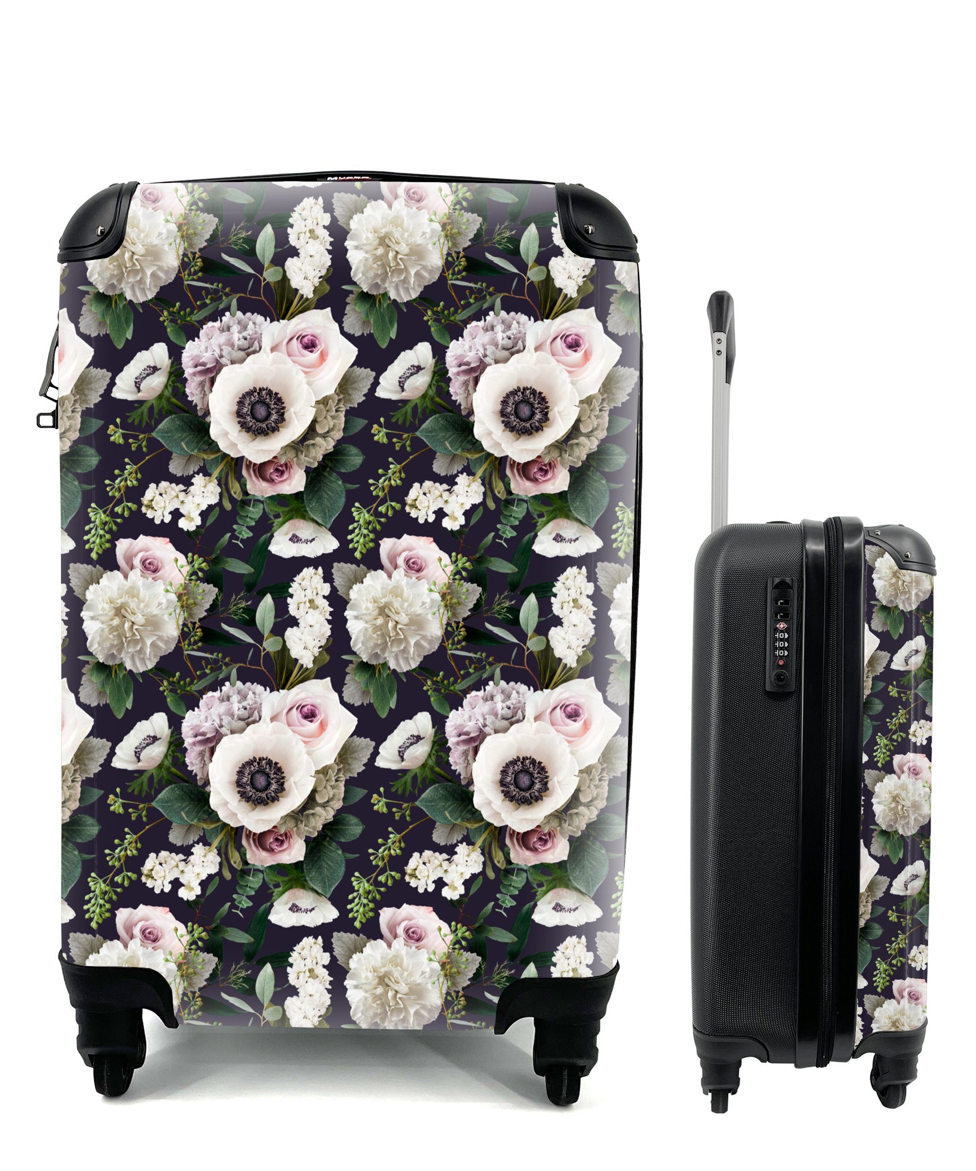 MuchoWow Handgepäckkoffer Blumen Handgepäck mit Rollen, 4 - Reisekoffer Reisetasche für Anemone Ferien, - Collage, Trolley, rollen