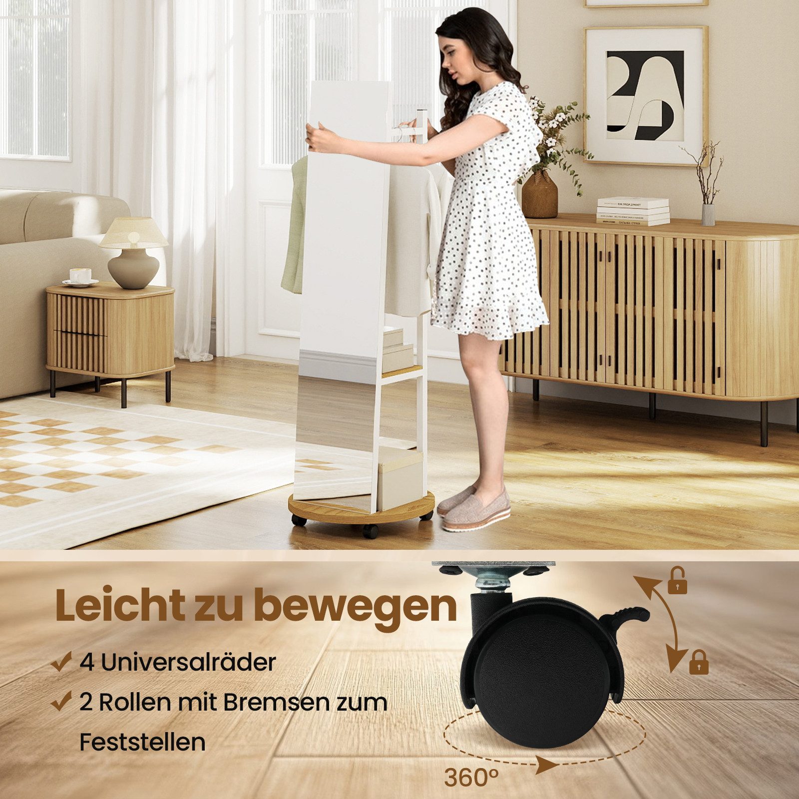 COSTWAY Kleiderständer mit Ganzkörperspiegel, Ablage 2in1, Standspigel 45x135cm – Bild 5 von 5