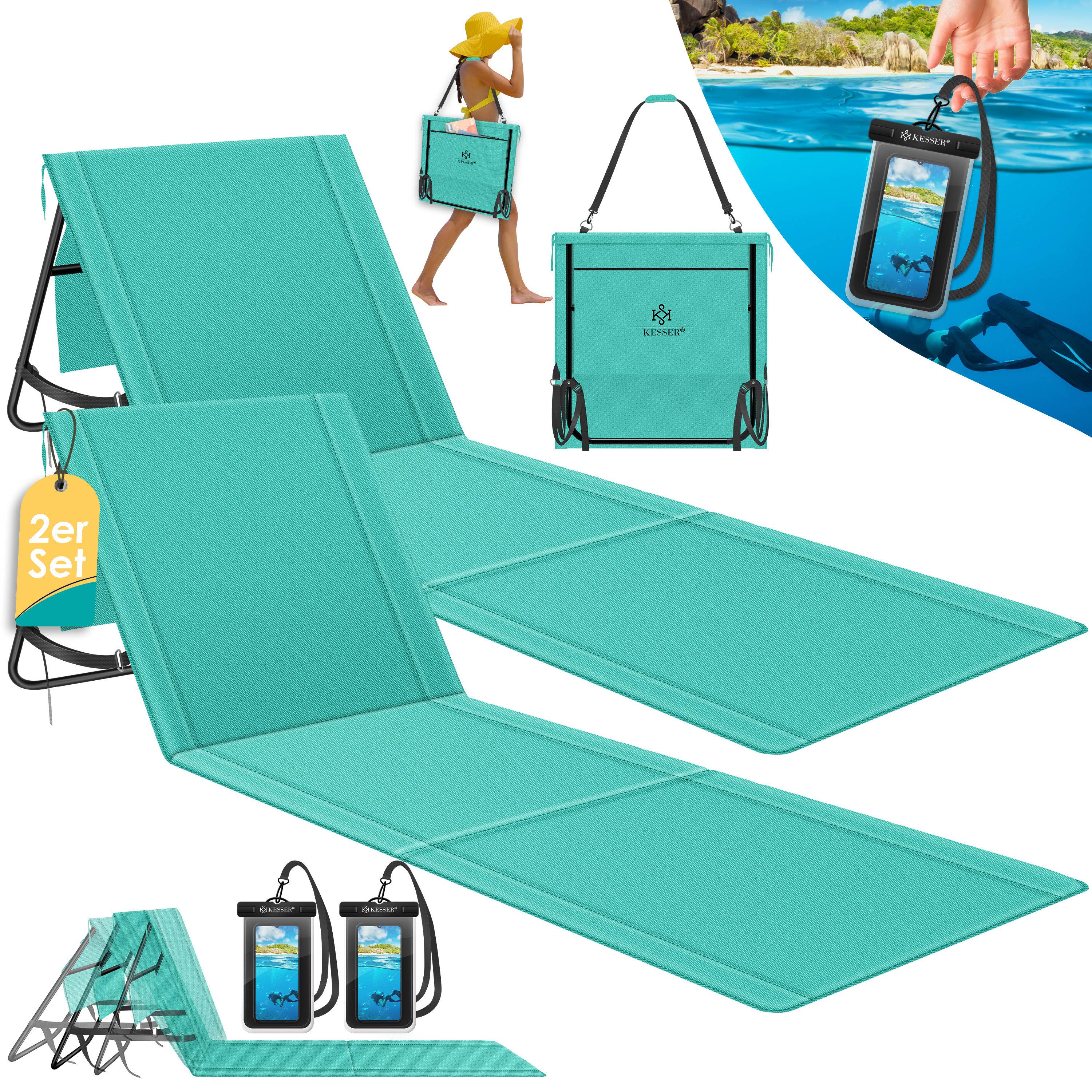 KESSER Gartenliege Strandmatte klappbar mit verstellbarer Rückenlehne max. 130 kg, 2 St., Strandliege mit Tragegurt, wasserdichter Handyhülle & Tragetasche, Sonnenliege faltbar für Strand, Garten & Terrasse Liegematte