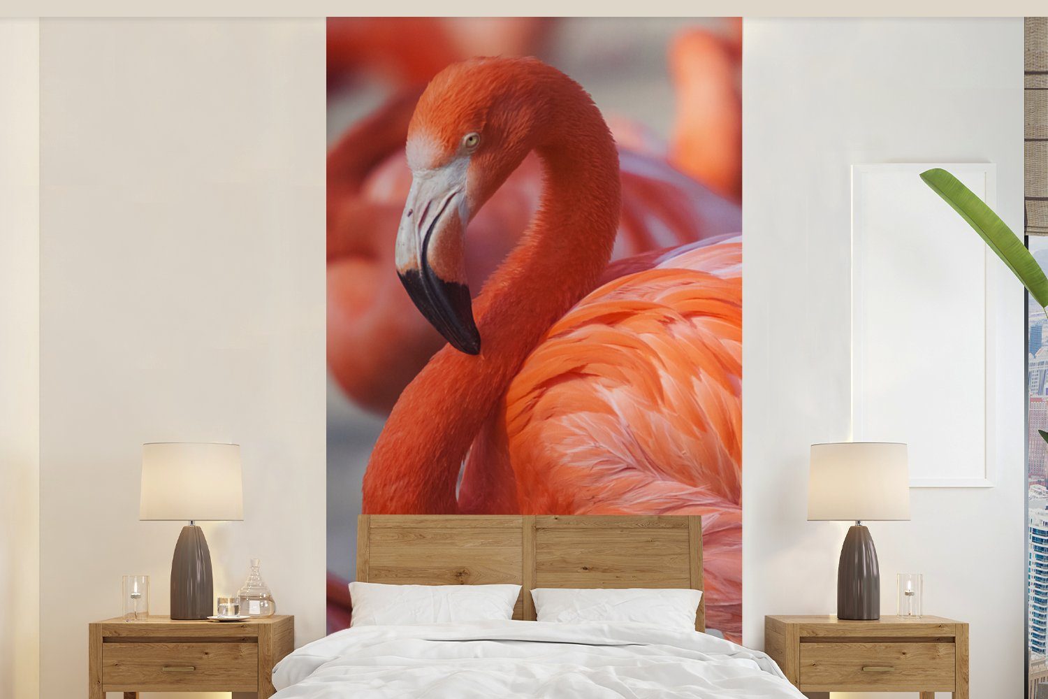 MuchoWow Fototapete Flamingo - Vogel - Tiere - Rosa, Matt, bedruckt, (2 St), Vliestapete für Wohnzimmer Schlafzimmer Küche, Fototapete