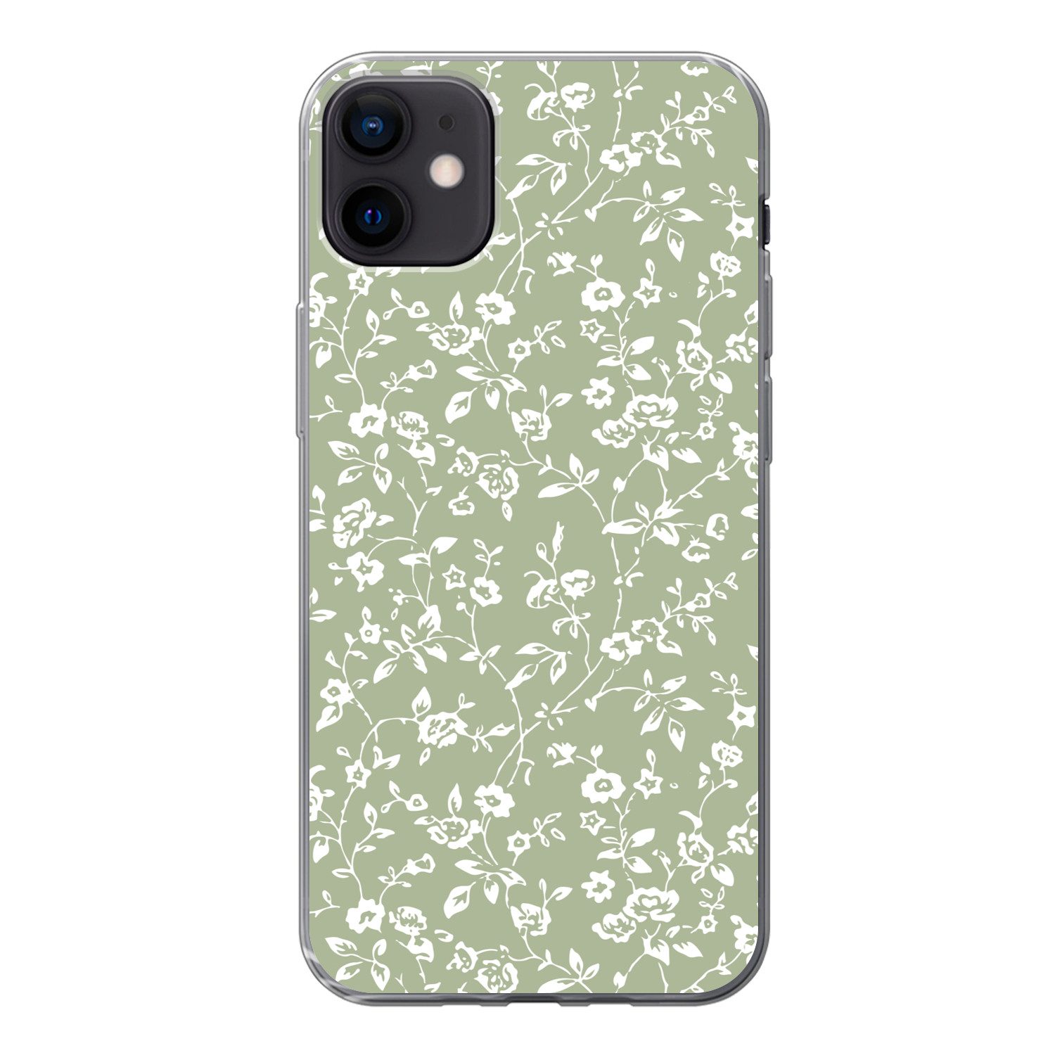 MuchoWow Handyhülle für Apple iPhone 12 mini Blumen - Druck - Grün - Weiß, Smartphone-Bumper, Print, Handy Schutzhülle Dünn