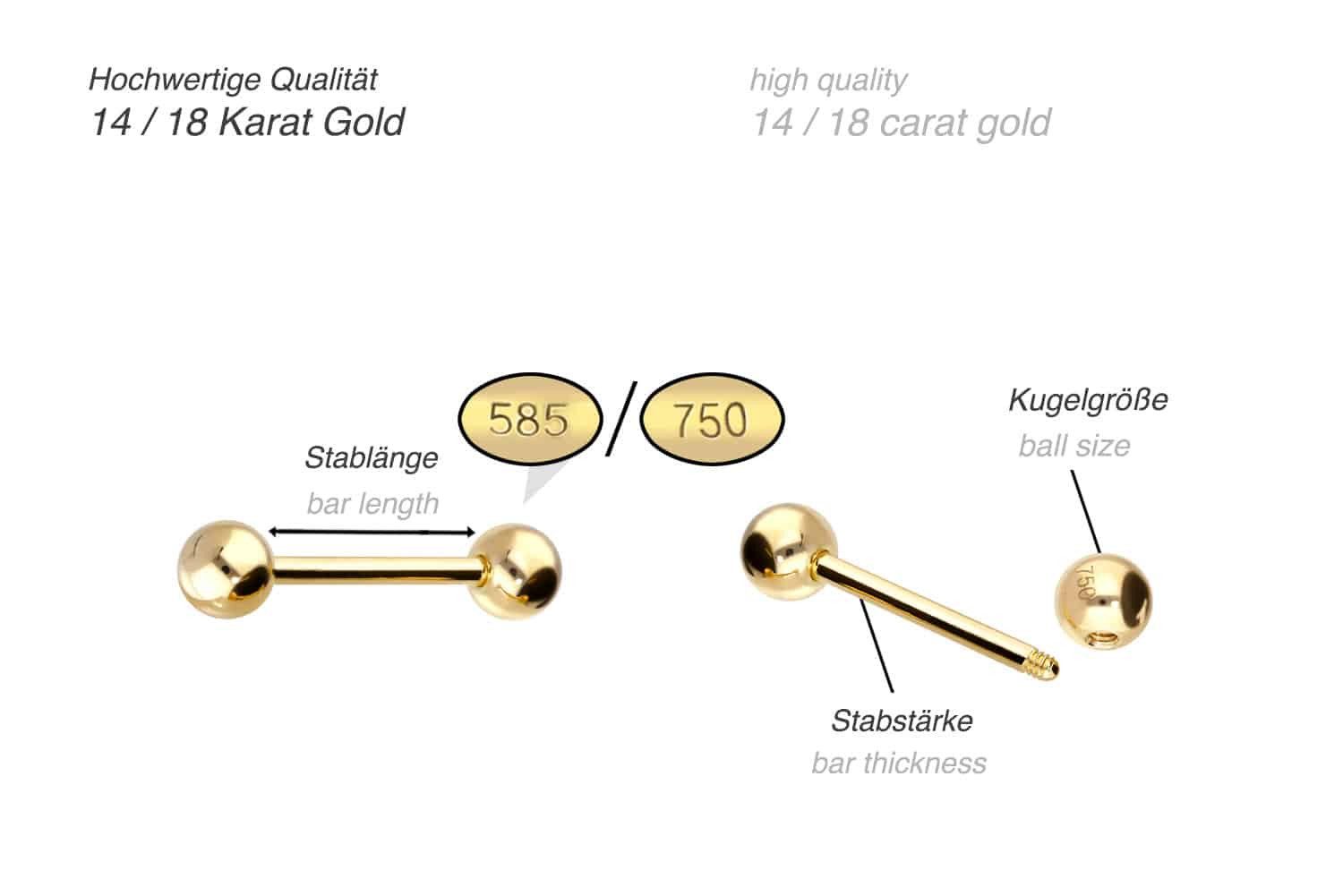 PIERCINGLINE Brustwarzenpiercing 14/18 Karat Gold Barbell (Barbells, 1-tlg)