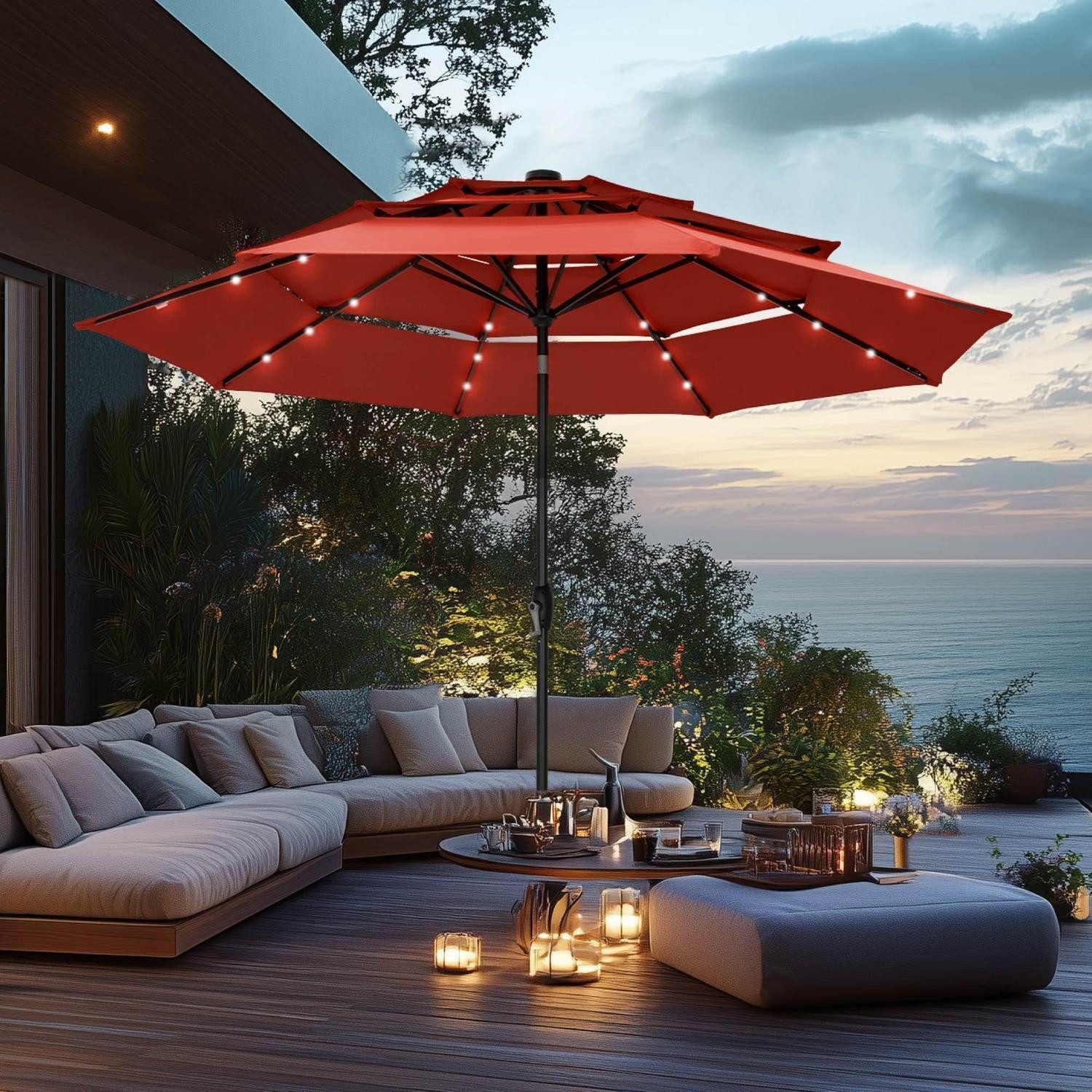 LuxusKollektion Balkonschirm Sonnenschirm Balkon 300cm Kurbel LED UV Schutz Windfest
