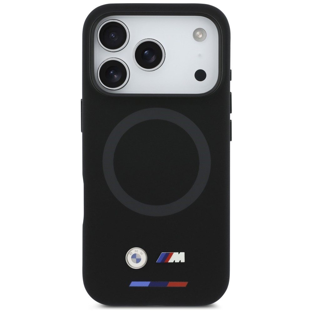 BMW Handyhülle Case iPhone 17 Pro MagSafe Silikon schwarz Logo Metall 6,3 Zoll, Kantenschutz