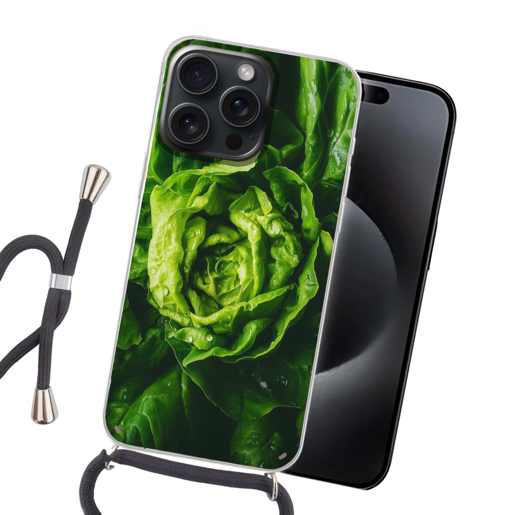 MuchoWow Handyhülle für Apple iPhone 15 Pro Gemüse - Kopfsalat - Grün, Tragbare Handyhüllen mit Kette zum umhängen, Handykette Handyband