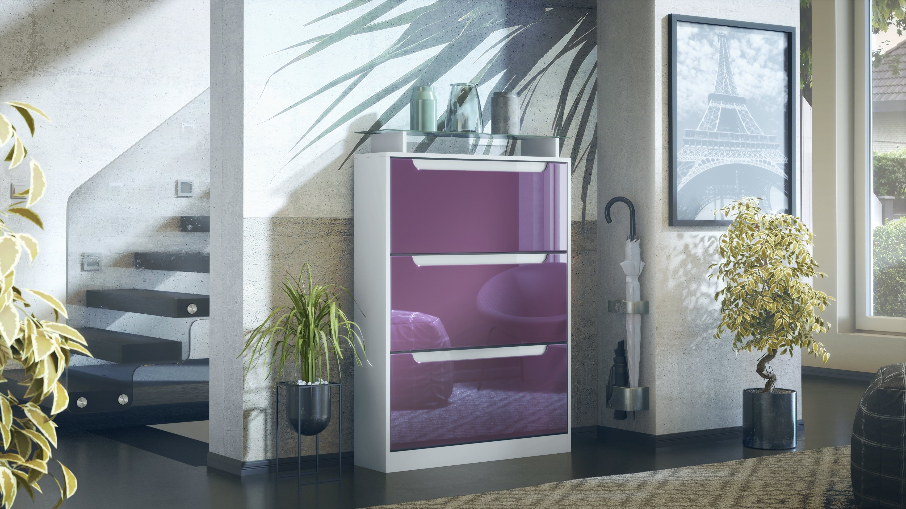 Vladon Schuhschrank Space (Schuhkipper, für 24 Paar Schuhe mit 3 Klappen und Glasablage) Weiß matt/Brombeer glänzend/Absetzung in Weiß glänzend (89x128x23 cm)