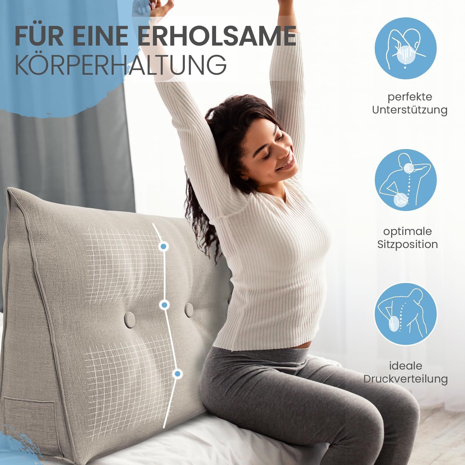 ELONEO Rückenkissen Keilkissen für Bett und Sofa, Lesekissen mit praktischem Seitenfach, 1-tlg., mit praktischem Seitenfach, Lesekissen, mit waschbarem Bezug