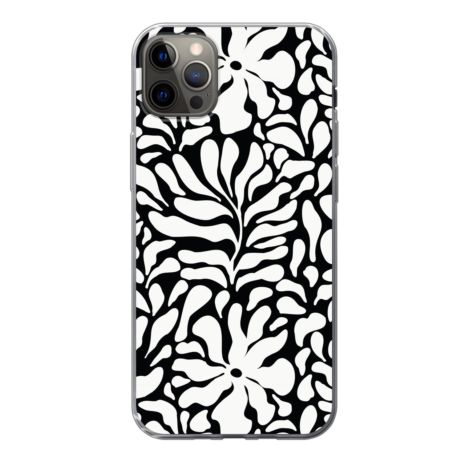 MuchoWow Handyhülle für Apple iPhone 13 Pro Max Blumendruck - Schwarz - Weiß - Blätter, Smartphone-Bumper, Print, Handy Schutzhülle Dünn