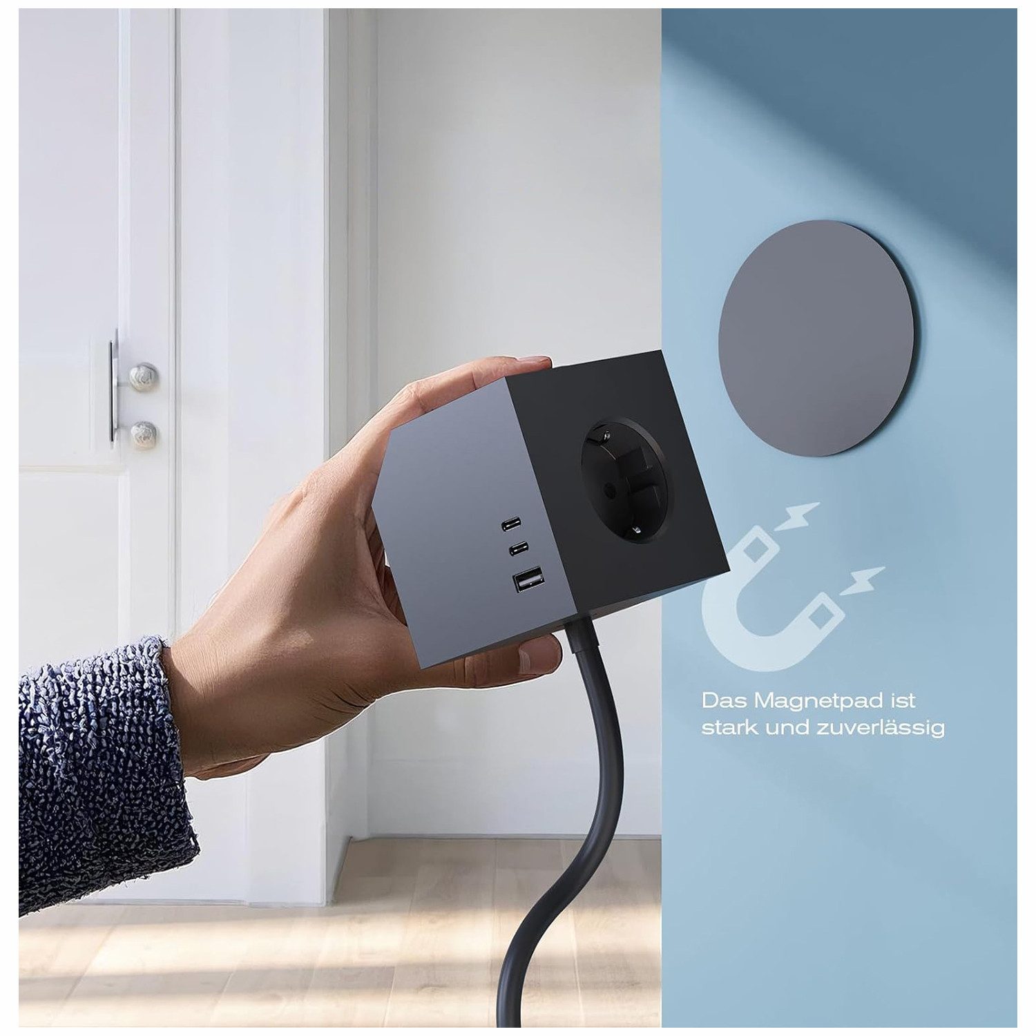 Forrlite Steckdosenleiste PD20W mit Magnetpad 6in1 Wandsteckdose 6 Fach Mehrfachsteckdose 6-fach (Ein- / Ausschalter, USB-Anschlüsse, 3680W/16A, 1,5M Verlängerungskabel, Überlastschutzgerät, Überspannungsschutz, Schutzkontaktkupplung, Kurzschlussschutz, Kinderschutz), Steckdosenleiste mit 3 USB Typ C für Büro, Hause, Grau