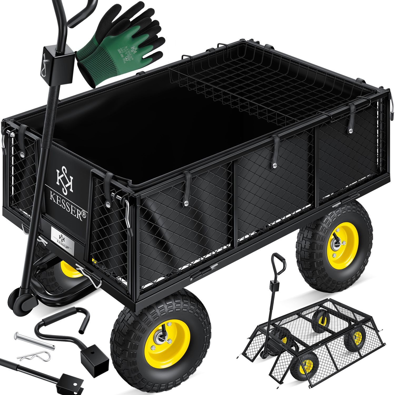 KESSER Bollerwagen Gartenwagen Bollerwagen Transportwagen 700kg belastbar Gartenkarre (Handwagen vielseitig einsetzbar Inkl. Handschuhe + Ablage), Inkl. herausnehmbare Plane, Luftreifen Gerätewagen