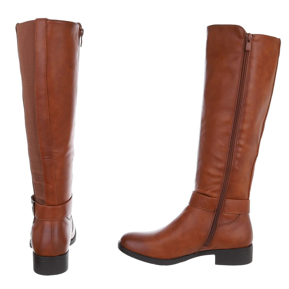 Ital-Design Elegante Stiefel mit Riemen für Damen – Herbst-/Wintersaison Stiefel (90110001) Blockabsatz Flache Stiefel in Camel