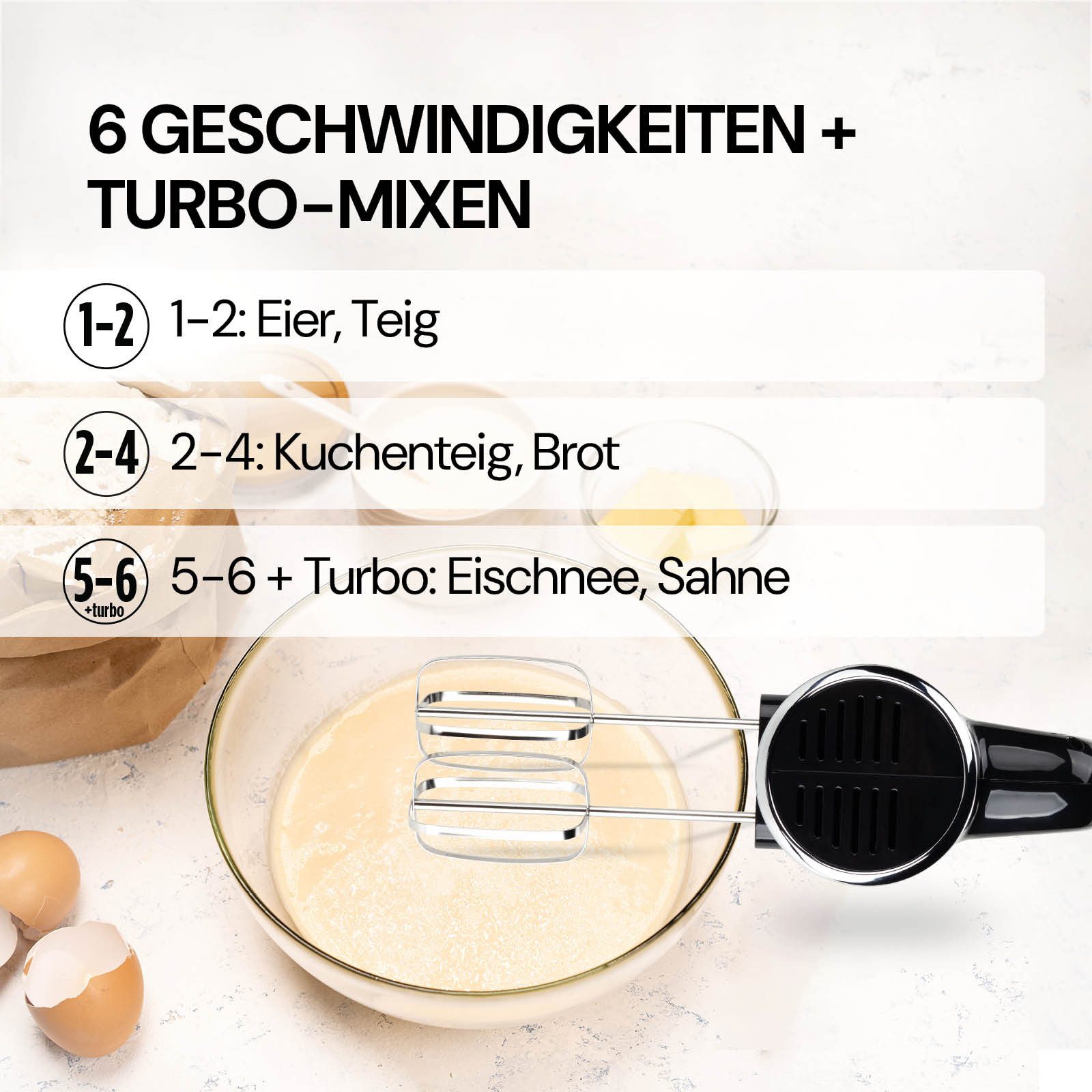 ROSMARINO Handmixer Handrührer: 7 Geschwindigkeiten, Turbofunktion, Edelstahl-Knethaken, 300,00 W