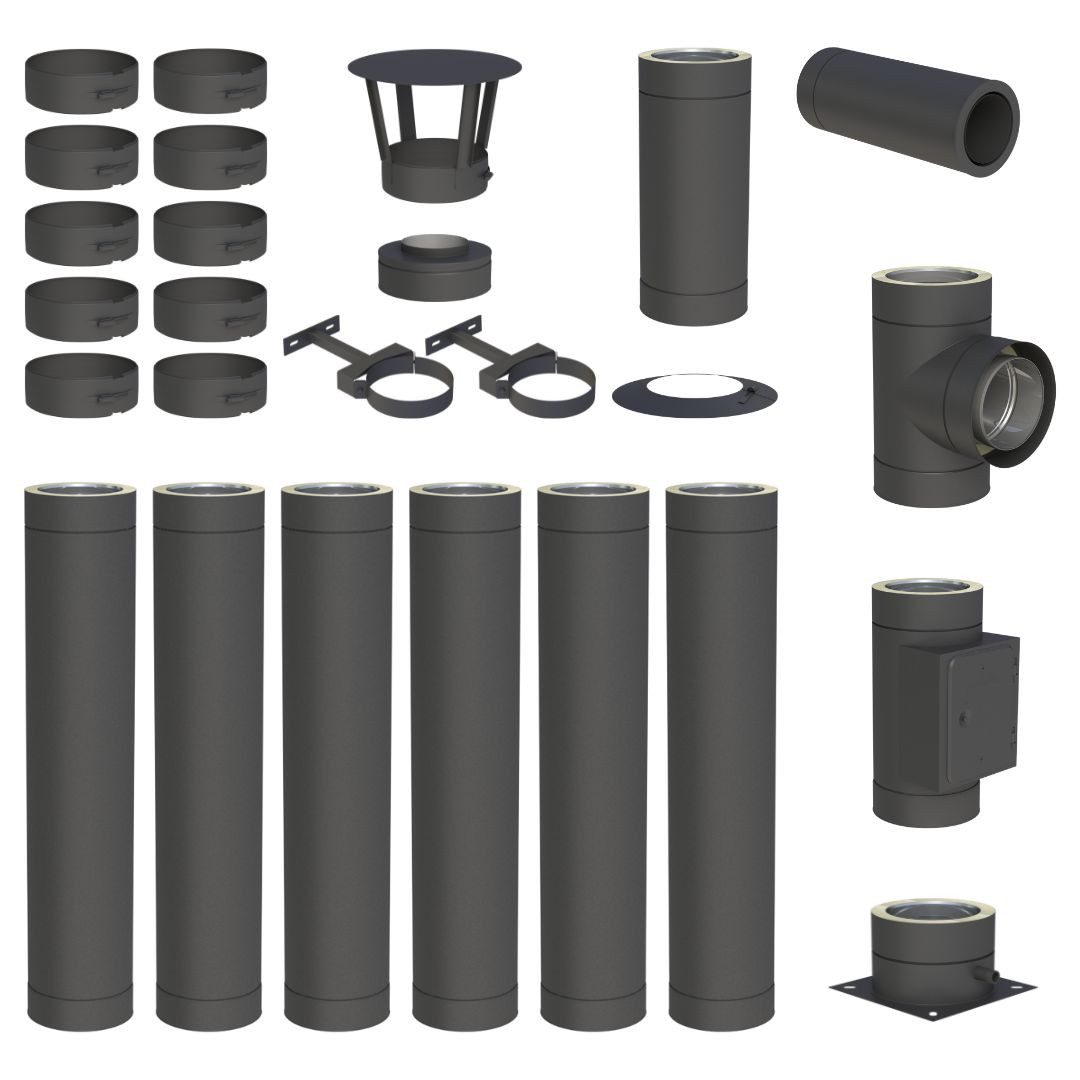 Jeremias Schornstein 7, 1 m Schornstein Ø150mm Komplettset DW DW-Black Bodenmontage, Ø 150 mm