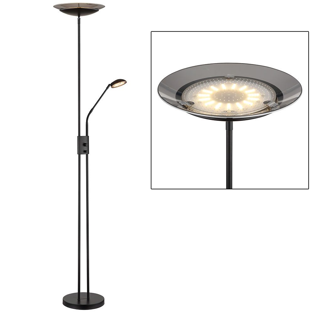 GLOBO LIGHTING LED Stehlampe, LED-Leuchtmittel fest verbaut, Warmweiß, LED Deckenfluter Stehleuchte dimmbar Metall schwarz Glas rauch