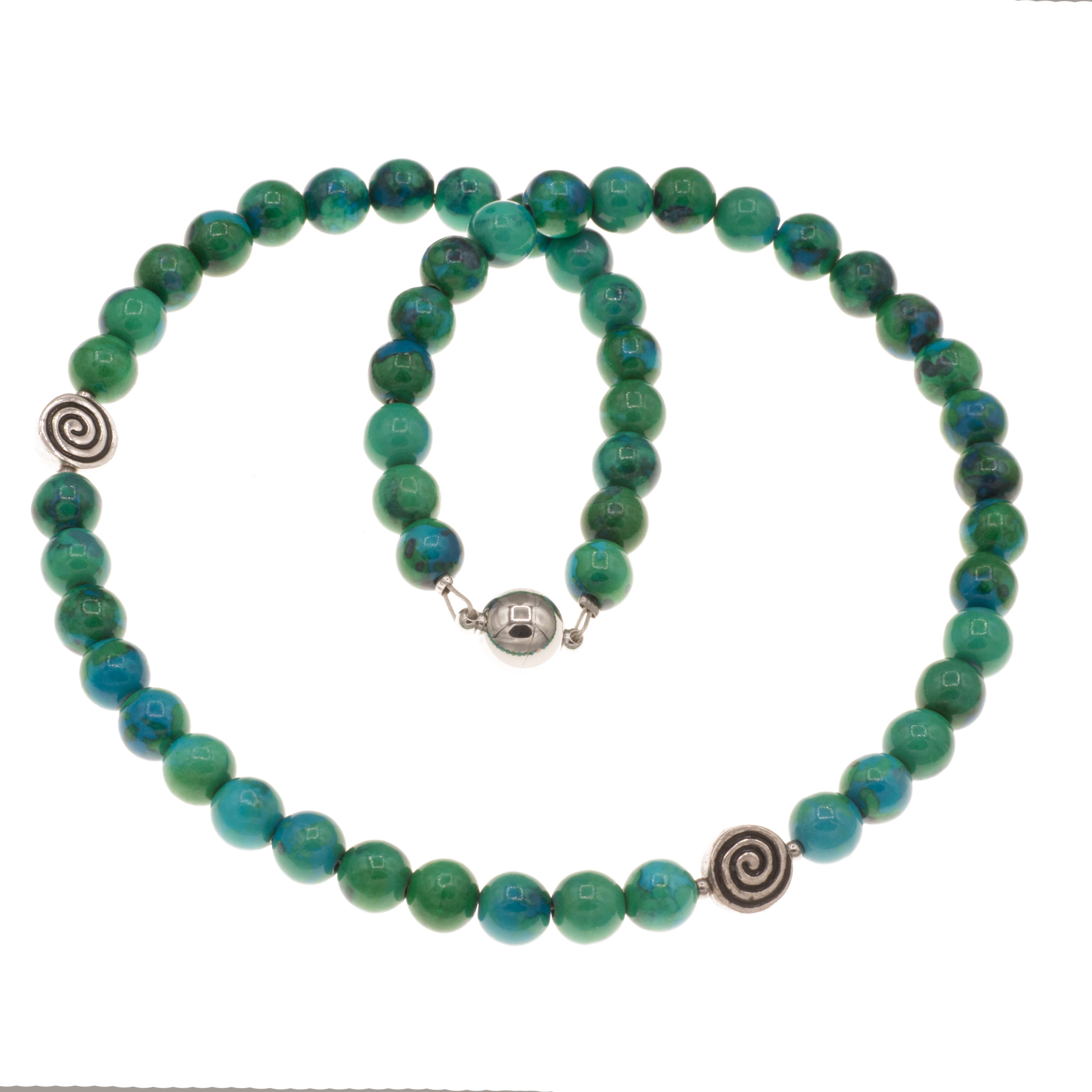 Perlenkette Kette mit Chrysokoll Perlen 8 mm und 2 Silber Perlen Spirale, mit 2 Perlen aus 925 Silber
