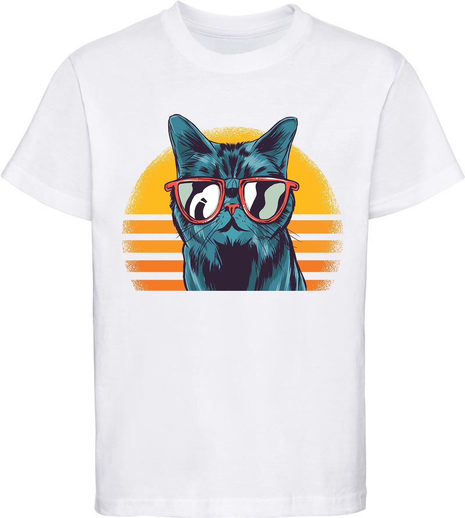 MyDesign24 Print-Shirt bedrucktes Kinder Mädchen T-Shirt coole Retro Katze mit Sonnenbrille Baumwollshirt mit Katze, weiß, schwarz, rot, rosa, i102 weiss