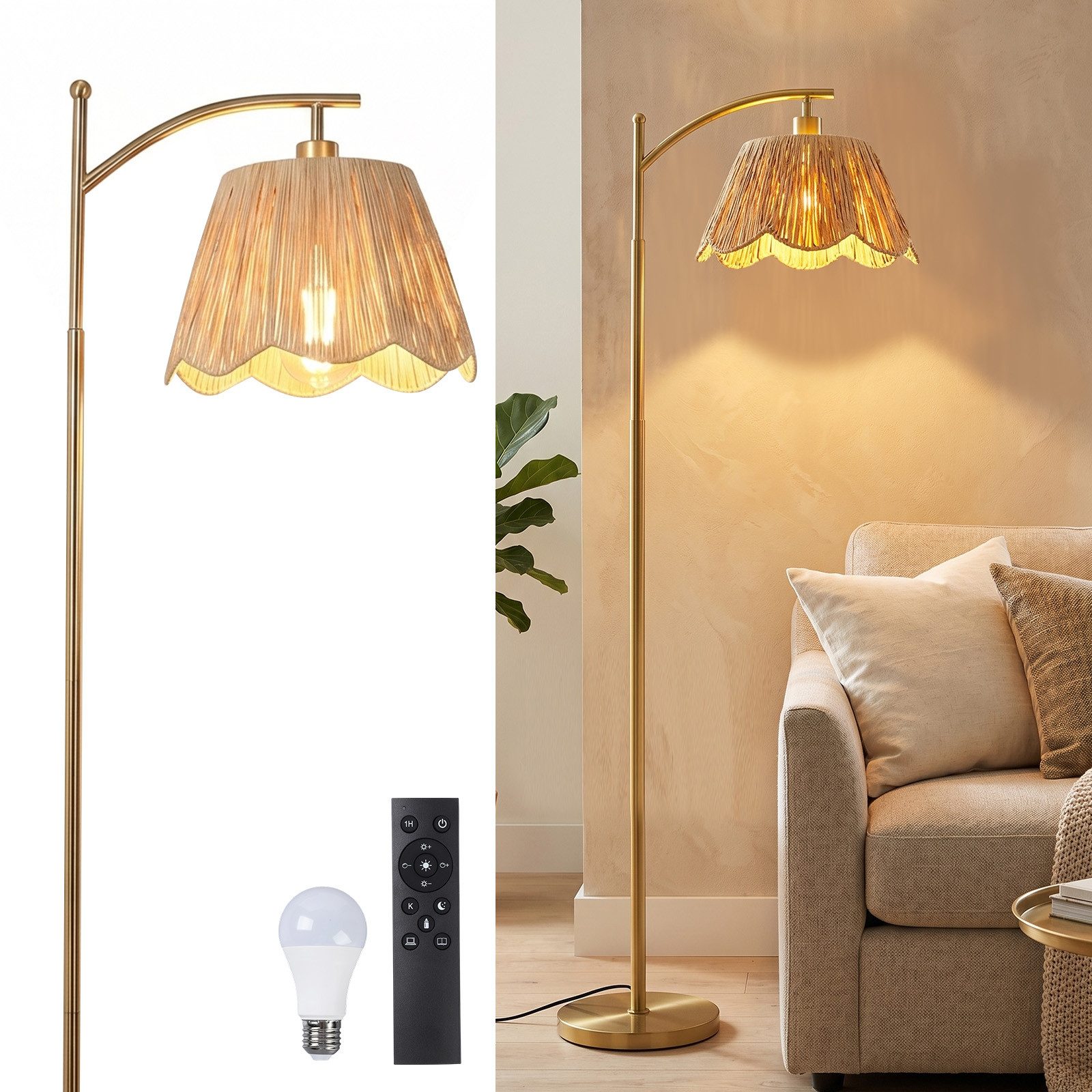 Lapamax Stehlampe Stehlampe Wohnzimmer Boho, Raffia Lampenschirm in Blütenform, Fußschalter, mit Glühbirne, Dimmbar mit Fernbedienung, Timer, 3 Lichtmodi und Speicherfunktion