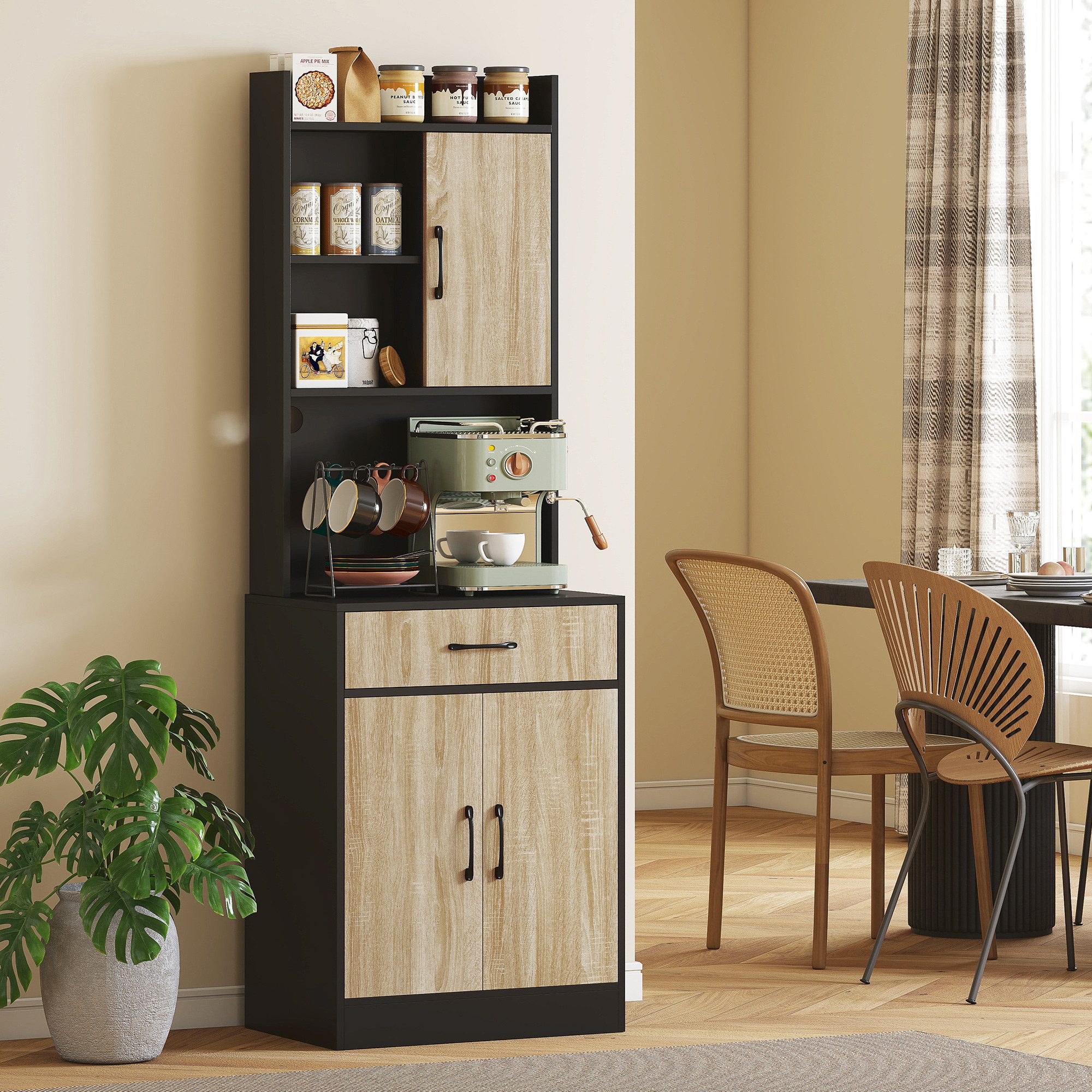 HOMCOM Mehrzweckschrank für Küche, Esszimmer (Hochschrank, 1-St., Buffetschrank) mit Kabelmanagementloch, Naturholz+Schwarz