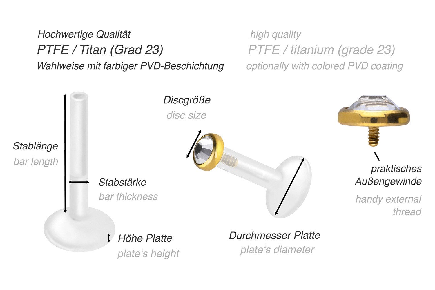 PIERCINGLINE Piercing-Set PTFE Labret mit Innengewinde + Titan-Aufsatz KRIS günstig online kaufen