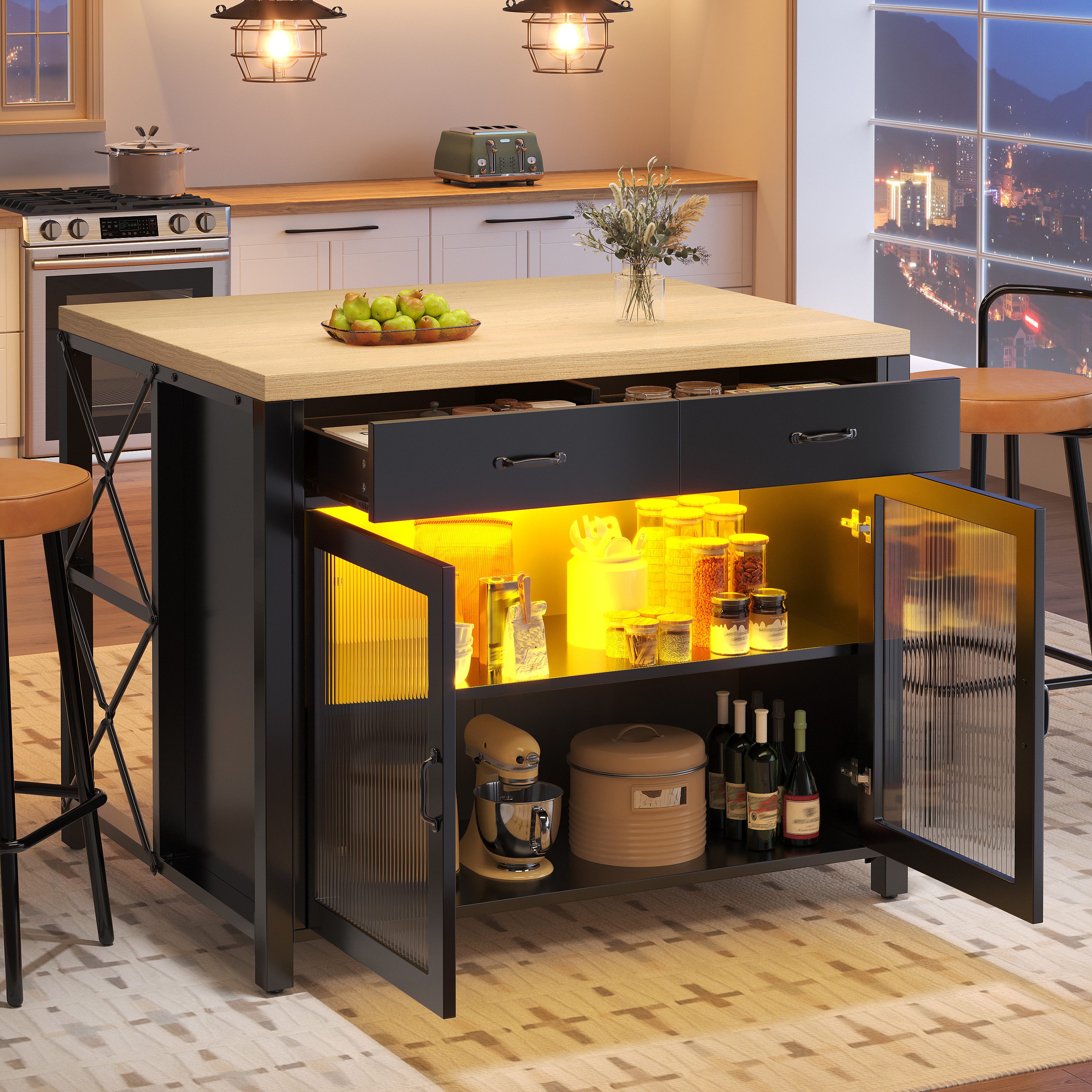 Flieks Kücheninsel mit Arbeitsplatte in Holzoptik Natur, LED-Beleuchtung und Glastüren, (mit verstellbaren Fußpolstern), Küchenschrank Küchenbuffet Stehtisch Bartisch Schwarz