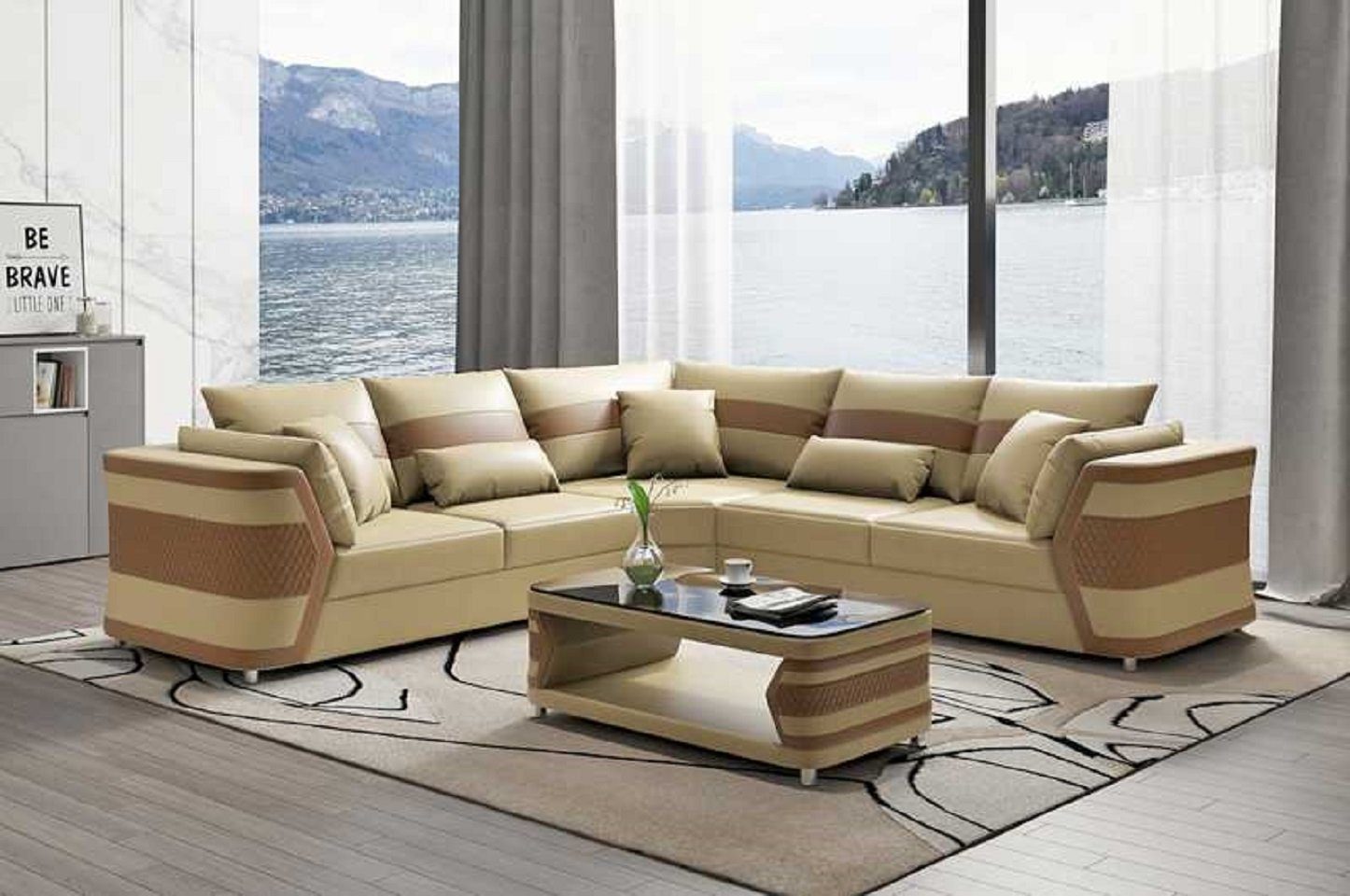 JVmoebel Ecksofa Luxus Ledersofa Ecksofa Couch Sofa Wohnzimmer Modern, 3 Teile, Made in Europe Beige