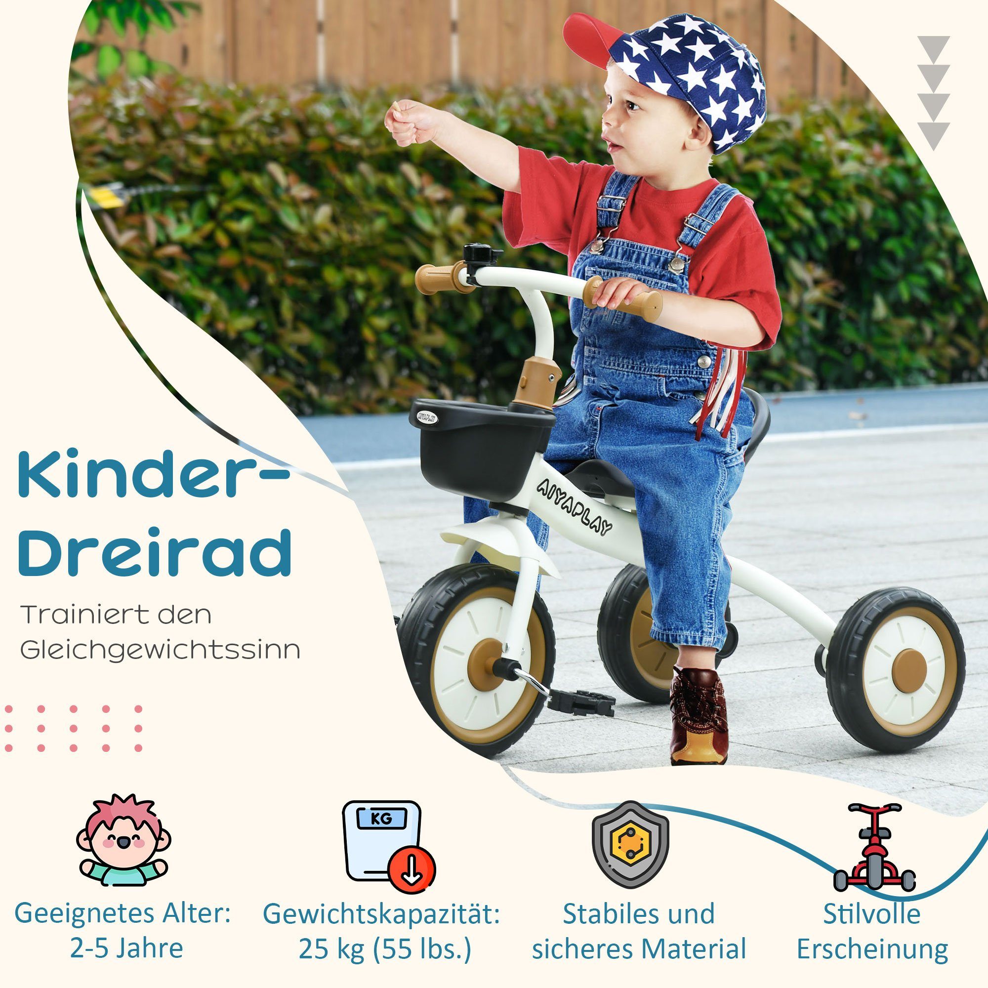 AIYAPLAY Dreirad Kinderfahrrad mit verstellbarer Sitz, Laufrad, Metall, Weiß, Weiß 70.5 x 53 x 58 cm