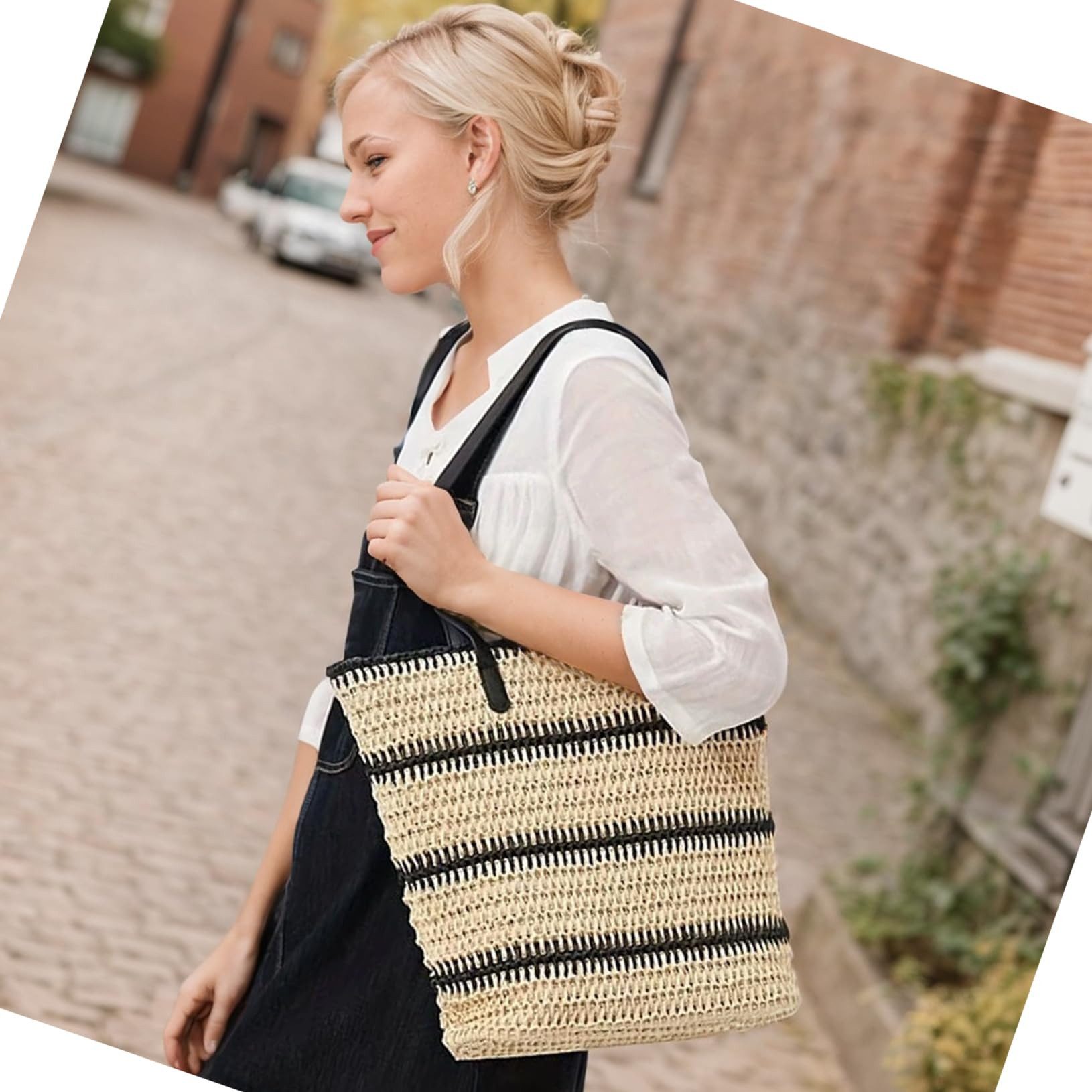 Bwecuy Strandtasche Damen Gewebte Tasche, Stroh Handtasche, Sommer Strandtasche, Stroh Umhängetasche Reißverschluss Vintage Bohemian Strandtasche