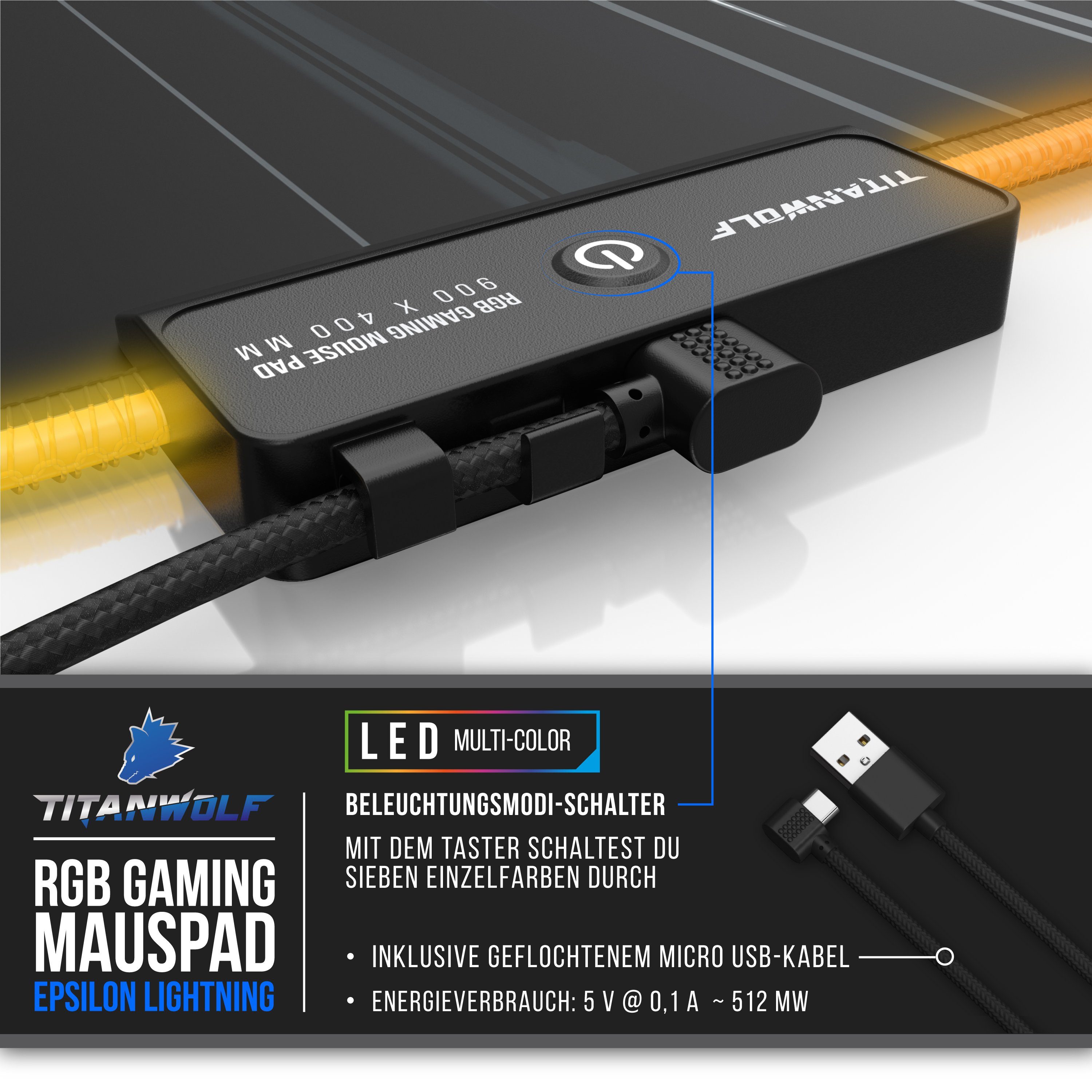 Titanwolf Gaming Mauspad RGB Mousepad 900 x 400 x 3 mm, LED Multi Color XXL Tischunterlage (1-St), rutschfest, abwaschbar, Geschwindigkeit & Präzision, Brüllend – Bild 5 von 5