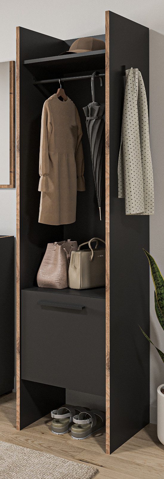 Inn.Furn Kompaktgarderobe Salud (Garderobe in Basalt Grau mit Eiche, 42 x 189 cm) mit Kleiderstange, Kleiderhaken und Staufach