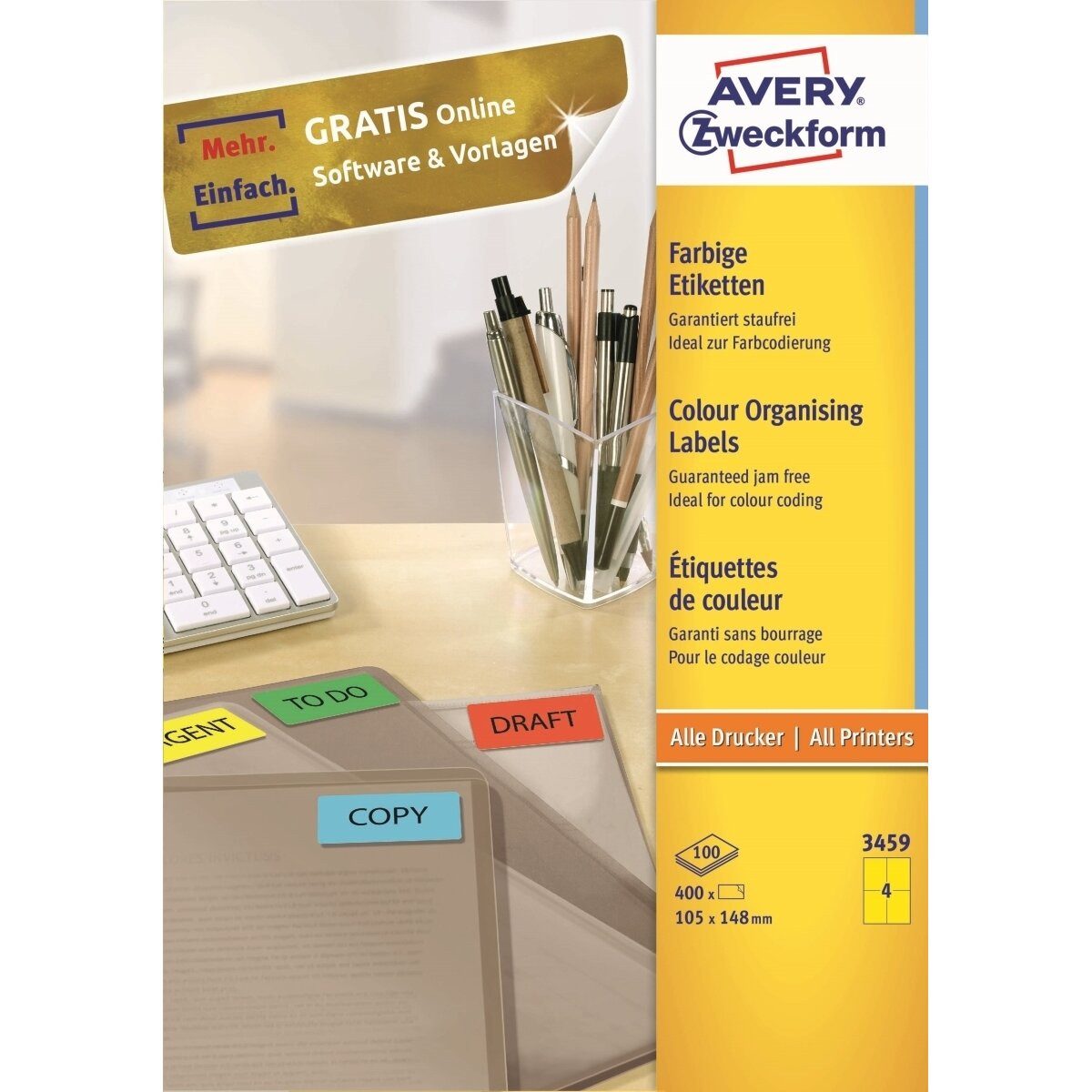 Avery Zweckform Etiketten Etiketten Inkjet/Laser/Kopier 105x48mm VE=400 Stück gelb