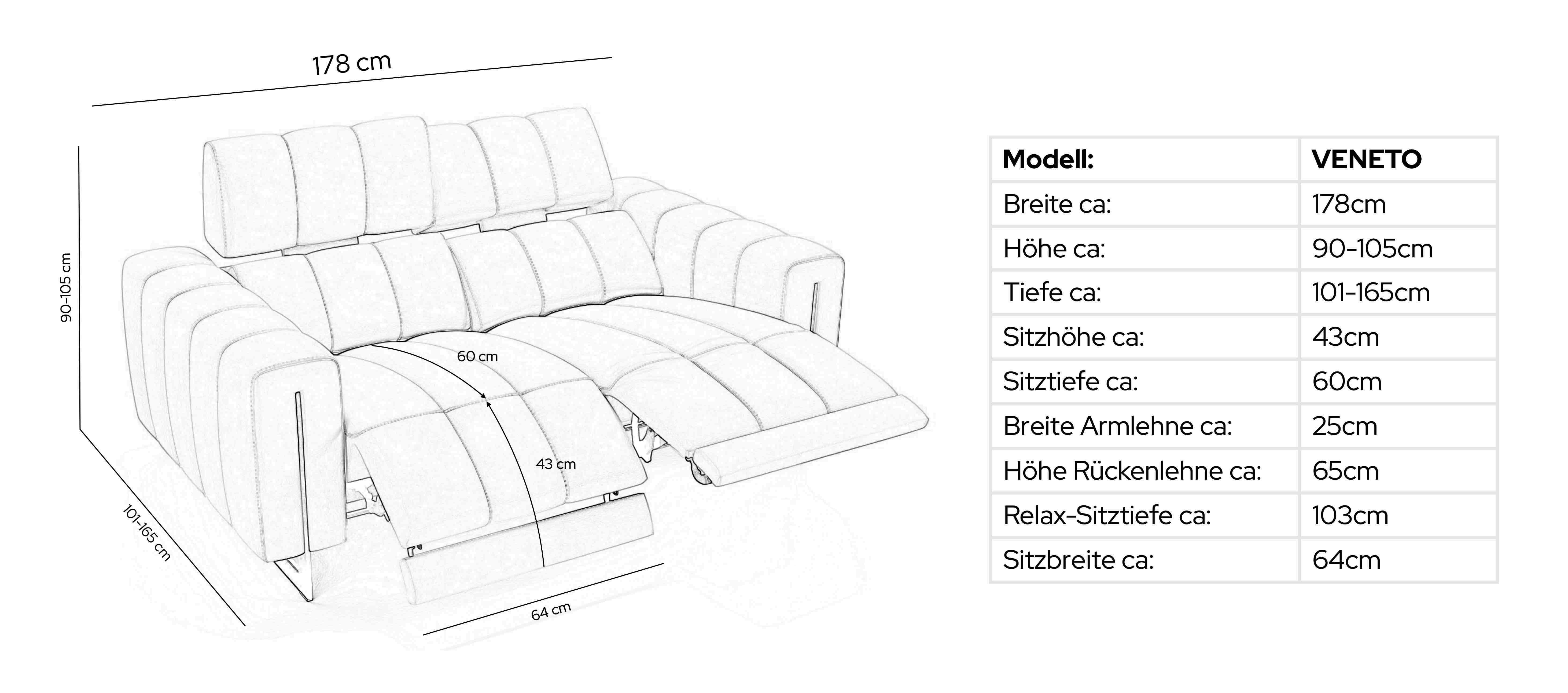Sofanella 2-Sitzer Leder VENETO, Relaxsofa, Designsofa, Designer Couch, Italienisches Sofa, 2er Sofa