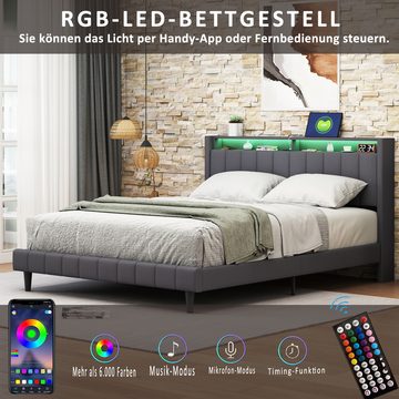 NMonet Polsterbett Doppelbett Stauraumbett, mit LED-Beleuchtung Kopfteil mit 2 USB Ladeanschluss, 160 x 200cm