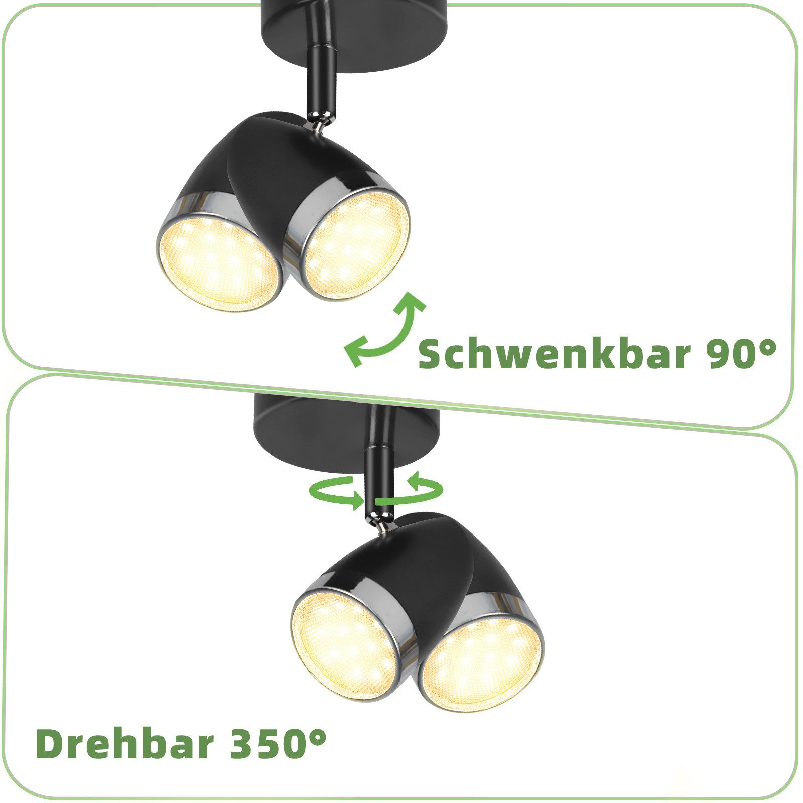 ZMH Deckenstrahler 1/2/3/4 Flammig 4/6/12/16W Deckenlampe schwenkbar 350° Wohnzimmer, Augenschutz, Einfache Installtion, LED fest integriert, Warmweiß, Schwarz 3000K schwenkbar 350° Deckenspot Flur Schlafzimmer