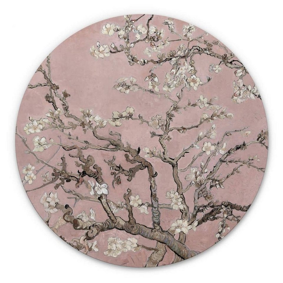 K&L Wall Art Gemälde Metallposter Mandelblüte Chinoiserie Rosé Kunstdruck van  Gogh, Metalloptik Wandbild Ø 30cm