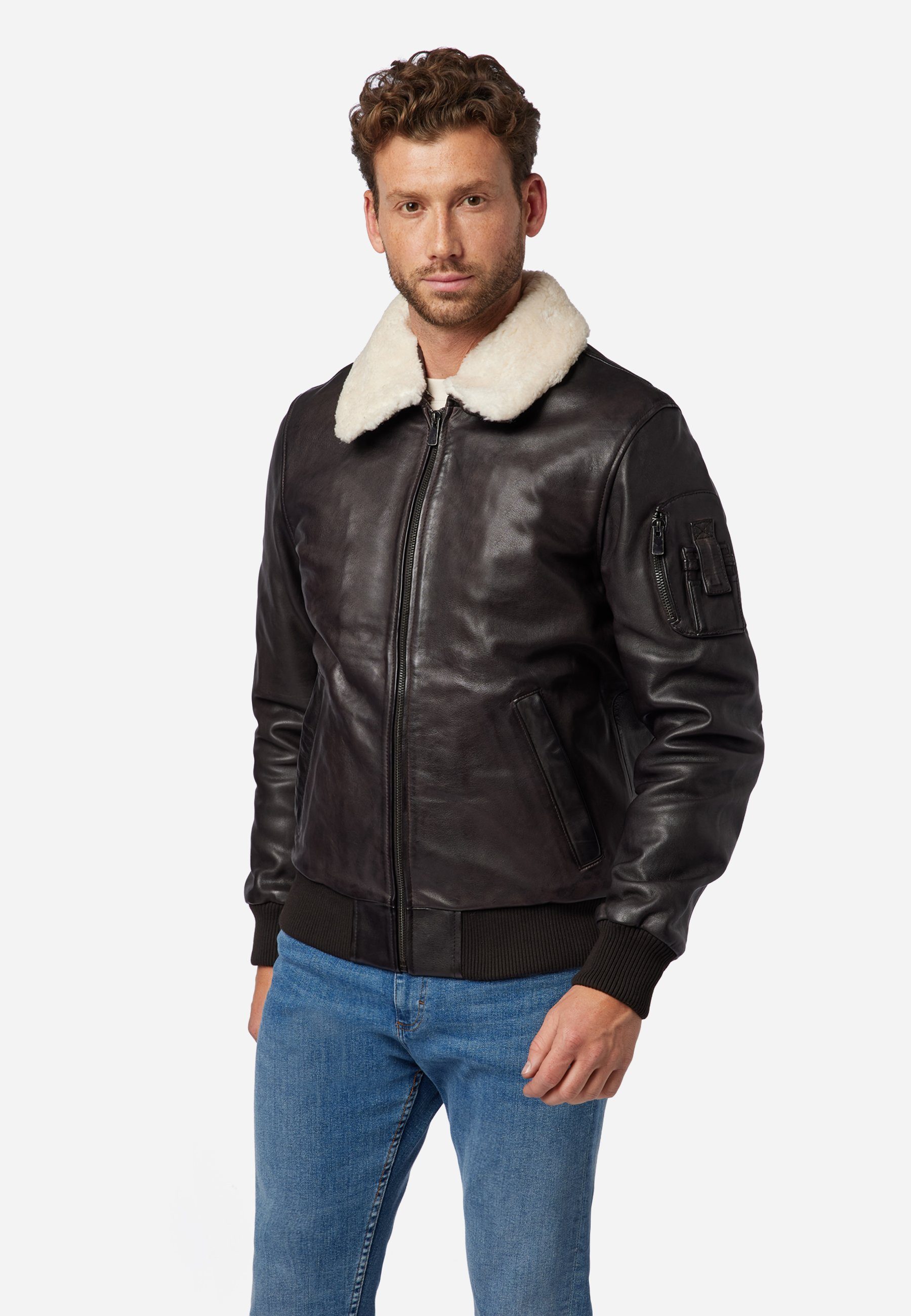 RICANO Lederjacke M-Bomber abtrennbare Lamm Fell-Kragen, braun Leder hochwertiges Lamm