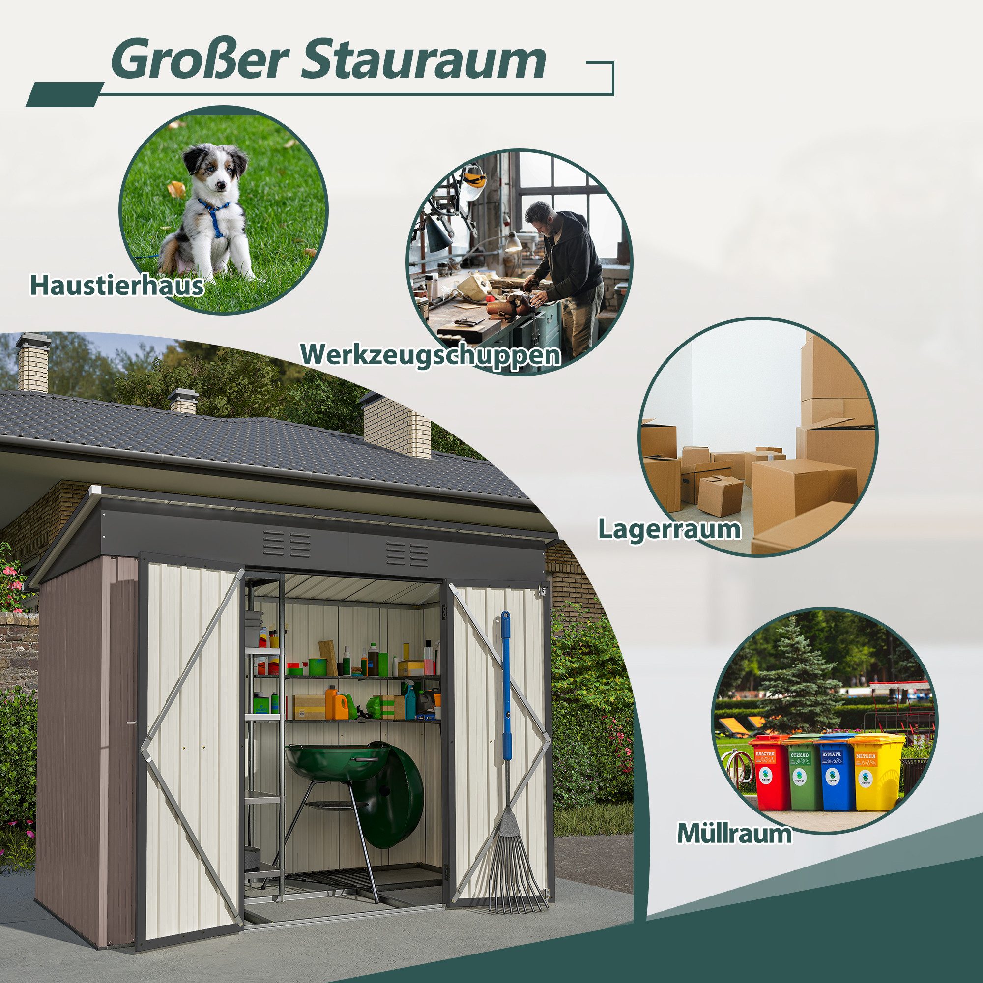 Rolipo Gerätehaus Metall-Anlehn-Geräteschuppen rostbeständig, wetterfest, BxT: 242x111 cm, (Set), Witterungsbeständiges Gartenhaus für Rasenmäher,Fahrräder & Mülltonnen