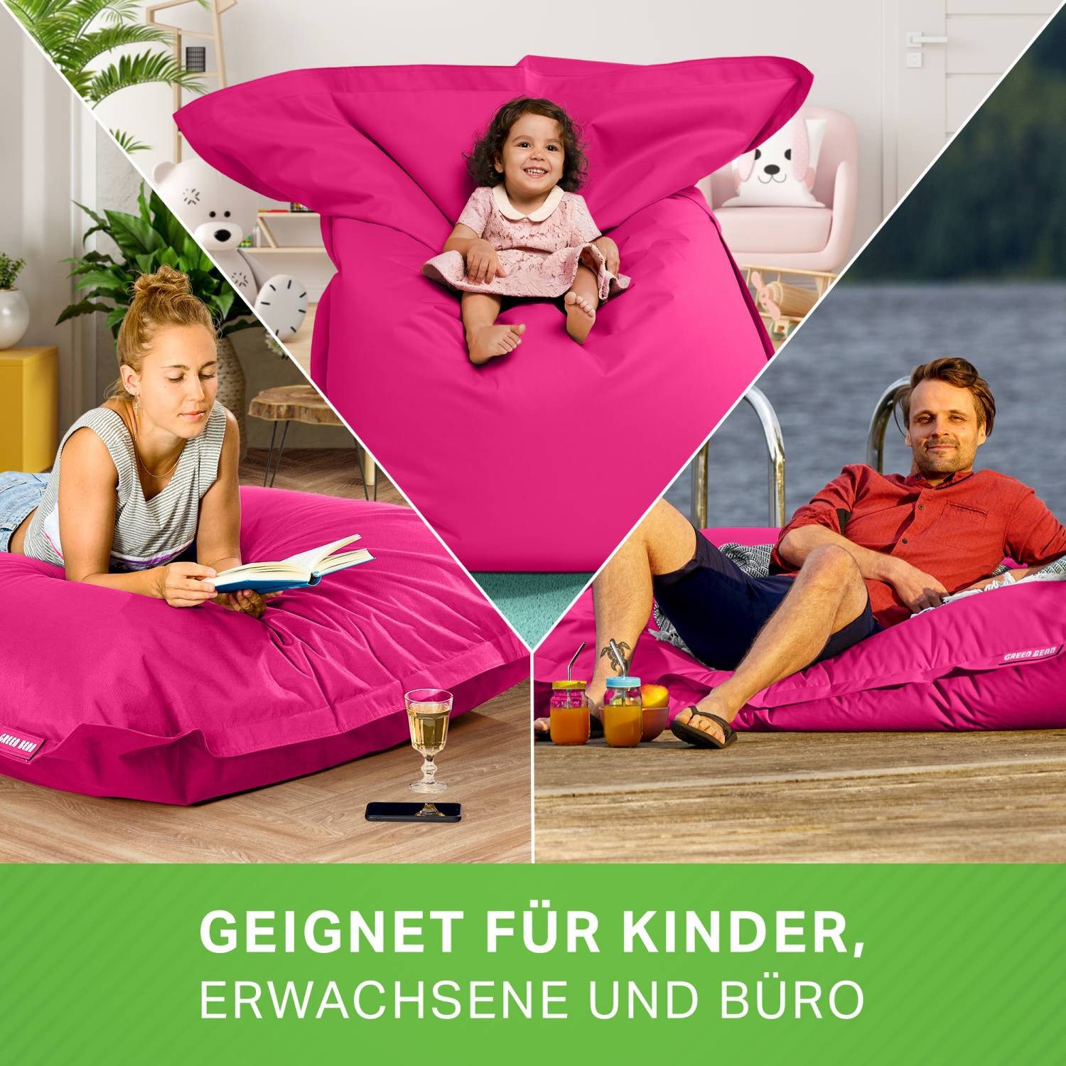 Green Bean Sitzsack XXL Outdoor Sitzsack Square 140x180cm (XXL Riesensitzsack 140x180cm 380 Liter Kinder & Erwachsene Bean Bag EPS Perlen Füllung, Groß Draußen Outdoor Liegekissen), Waschbar Wetterfest Lounge Sitzkissen Bodenkissen